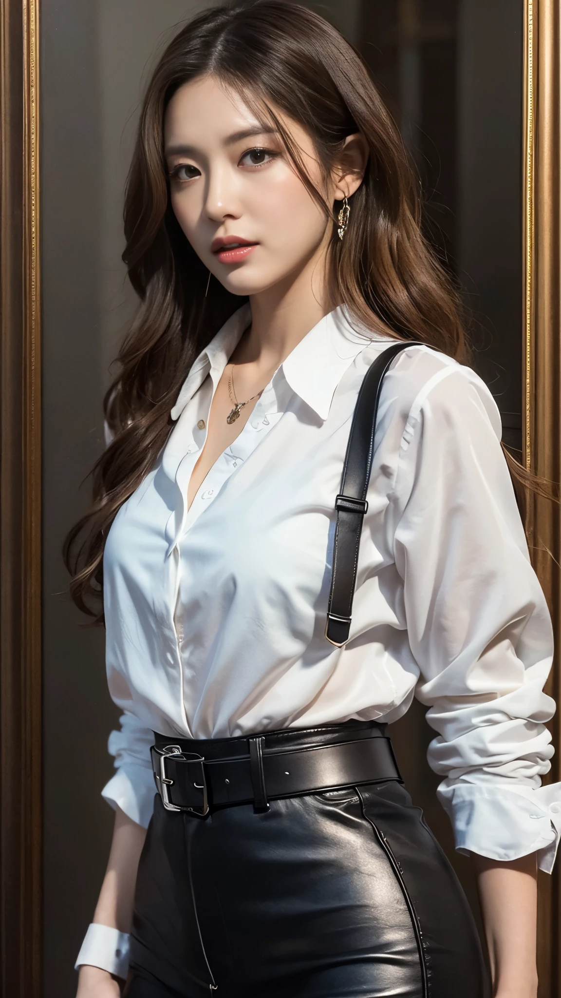 (best quality, high resolution, masterpiece :1.3), Tall and pretty woman, slim abs, Dark brown hair with loose wavy styling, chest, wear a pendant, White button-up shirt, belt, black skirt, (Modern architecture in the background), Exquisitely detailed details on the texture of the face and skin, detailed eyes, double eyelid