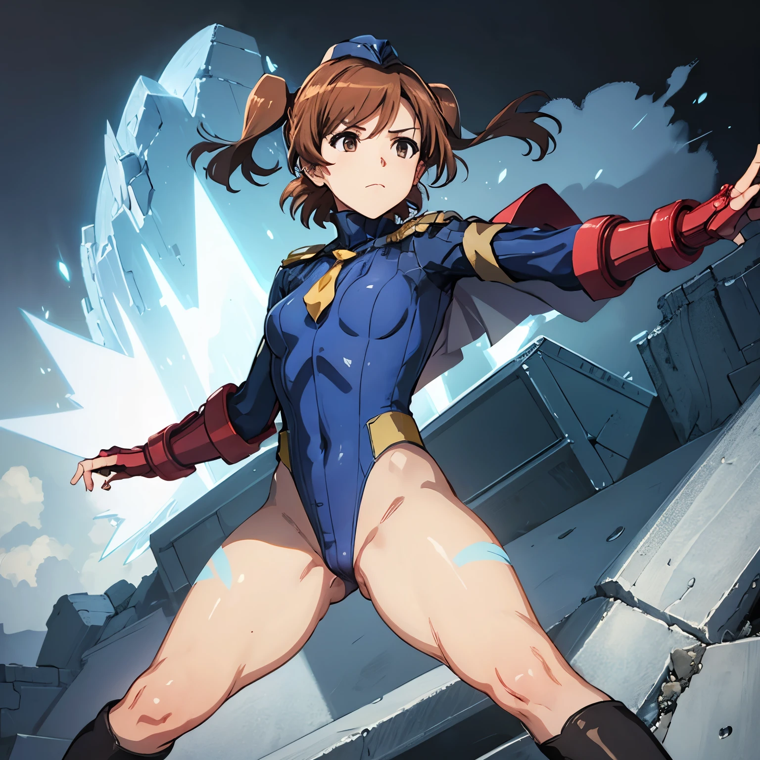 ultra-detailed, Explicit, Beautiful body, Beautiful Nose, Beautiful character design, perfect eyes, perfect face, ultra highres, 4K, beautiful legs, perfect legs, Nice hands, Perfect hand, Masterpiece, Best Quality, Highly detailed, illustration, absurdres, perfect anatomy, street fighter, doll suit, shadaloo doll, dollsuit, expressionless, blank eyes, looking at viewer, red gloves, emotionless, black latex, corruption, mind control, female combatant, full body, hypnotized, unhappy trance, full body suit, ribbed bodysuit, both arms at side, obey, perfect female body, extremely glossy latex, hypnosis, hypnoLora, empty eyes, Blank eyes, Mind control device, poses, submissive_pose, Slave, Dancing, dancing up at attention, hat, necktie, belt, latex, ribbed bodysuit, thighhighs, garter belt, Fighting Stance, extending the right arm from the shoulder into the air with a straightened hand, military, thigh boots, 1girl, hair ornaments, brown hair, medium hair, Brown eyes, low twintails (((pixel-perfect, detail-perfect))), solo, 1girl, Aijo Karen, Shōjo☆Kageki Revue Starlight, cape, holding, holding_sword, holding_weapon