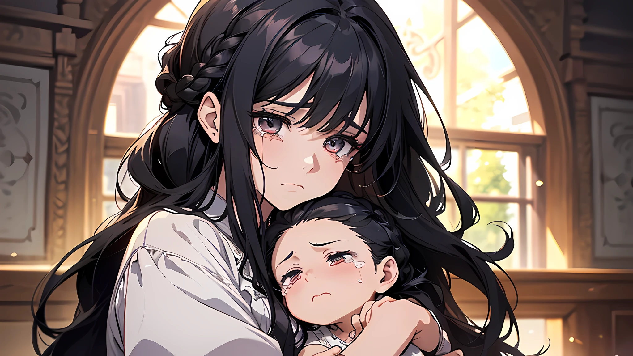 In a village room, a woman with long black hair and a braid and a white blouse holds a baby and tears at the camera (frown 1.5) (desperate expression 1.5) (background is in the village room 1.5) Anime style 4 K, anime rendering, anime style. 8K, upper body display 1.5) (cinematic lighting 1.5)