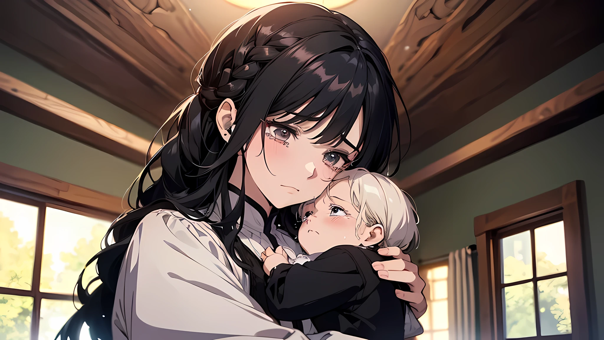 In a village room, a woman with long black hair and a braid and a white blouse holds a  and tears at the camera (frown 1.5) (desperate expression 1.5) (background is in the village room 1.5) Anime style 4 K, anime rendering, anime style. 8K, upper body display 1.5) (cinematic lighting 1.5)