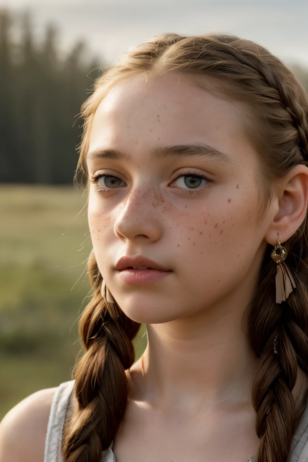 A girl with a rosy, freckled complexion and intricately braided hair, adorned with glass frames, is captured in this 4k, cinematic masterpiece. The backdrop exudes an old-world charm with its black chromatic design, creating an intriguing contrast that highlights the realism and photorealistic texture of the image. The medieval-style setting is further emphasized by the intricate details and authentic textures conveyed in this stunning, high-definition photograph.