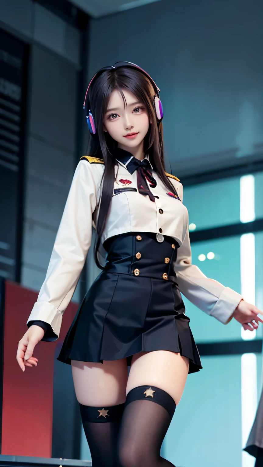 star、Supermodel、Perfect build、Muchimuchi、Three girls are looking at the viewer、girl、、Thighhighs、beautiful feet、、cyber punk、headphone、gentle smile、seen by girls、Innocent face、Military Uniform Lolita