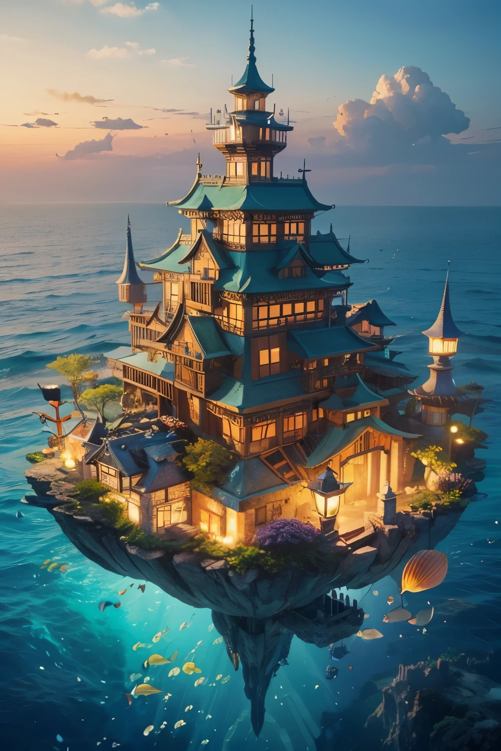 color (fantasy: 1.2), (Hayao Miyazaki style), (Irregular buildings floating in the sea), patchwork hut, floral ornament, lamp, Concept art inspired by Andreas Rocha, Art Station Contest Winners, fantasy art, (underwater city), Ross Tran, Axis, 逼真的lamp光, masterpiece, high quality, Beautiful graphics, high detail, masterpiece, high quality, Beautiful graphics, high detail,
