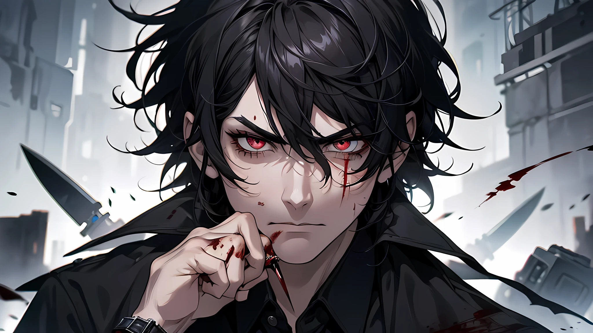 121 year old guy, black hair, black shirt, red eyes, watch, messy hair, 8k resolution, fierce, delicate facial features, cold, murderous, angry, knife in hand, blood, detailed face, detailed eyes detailed nose