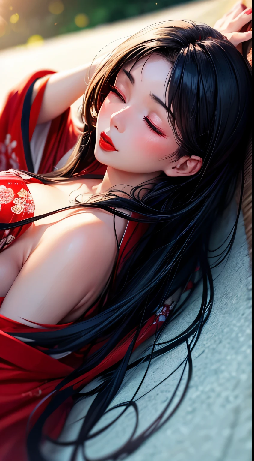 realistic, 1girl, full body, black hair, glowing eyes, unbuttoned yukata with bikini side tie, room, parted lips, big breast, blush, night, flowers, moonlight, hyper-detailed, high quality, 8k, photorealistic, professional digital painting, dramatic lighting, vibrant colors, intricate details, naughty pose, serene atmosphere, natural environment, ethereal, dreamy