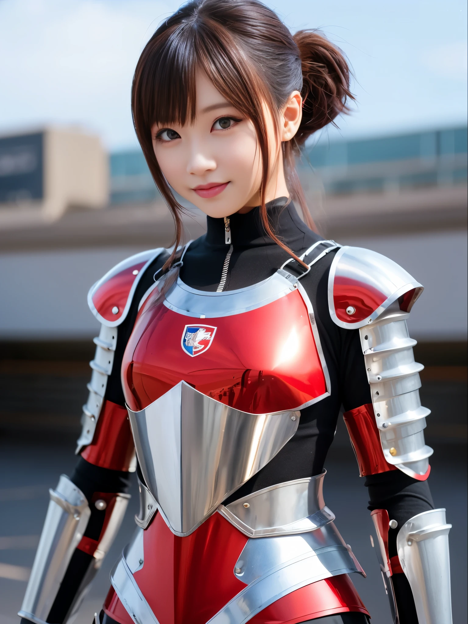 arafed woman in a red and silver suit with a sword, armor girl, girl in knight armor, red armor, lady in red armor, silver armor and red clothing, shiny plastic armor, of a beautiful female knight, wearing armor!!, beautiful female knight, wearing shining plate armor, cyber japan style armor, covered in full metal armor, full-cosplay