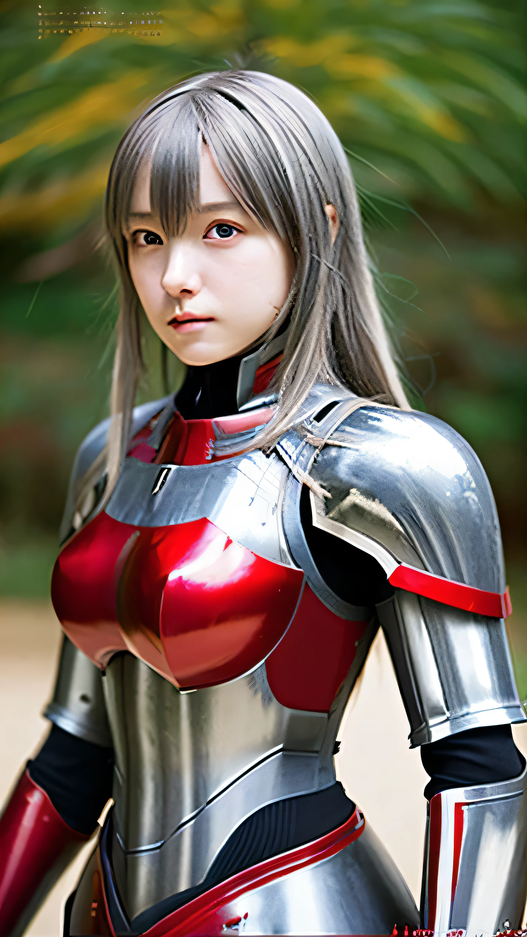 arafed woman in a red and silver suit with a sword, armor girl, girl in knight armor, red armor, lady in red armor, silver armor and red clothing, shiny plastic armor, of a beautiful female knight, wearing armor!!, beautiful female knight, wearing shining plate armor, cyber japan style armor, covered in full metal armor, full-cosplay