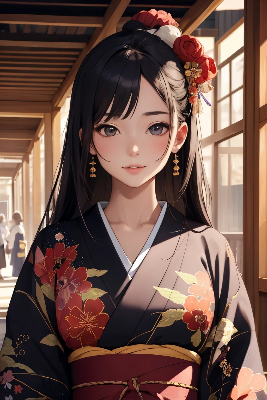 ((highest quality)), ((masterpiece)), (be familiar with), perfect face,,Beauty,fantasy,Japan,古都の背景の中にいるBeauty,kimono,Front right
