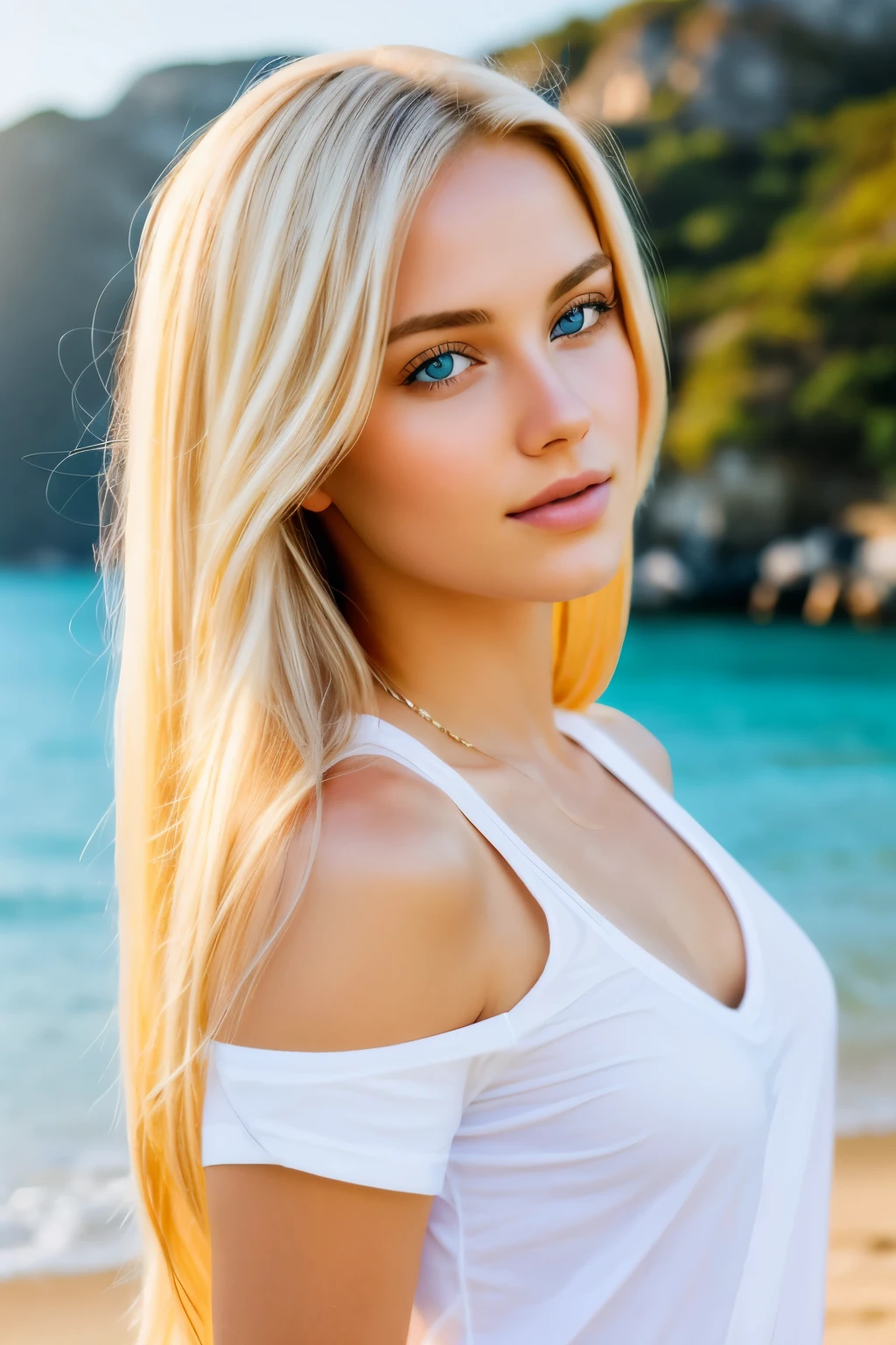 A captivating photorealistic portrait of a 25-year-old American girl exudes allure as she dons a white t-shirt and long, cascading blonde locks framing her striking blue eyes concealed behind stylish sunglasses. Brimming with a natural, welcoming expression, she is bathed in enticing soft, golden-hour sunlight, illuminating her exquisite features. The captivating backdrop unfolds with a picturesque outdoor setting, a serene sunlit beach, where the sand meets the clear, tranquil waters, further accentuating her ethereal beauty. To immortalize this moment, use a high-resolution camera