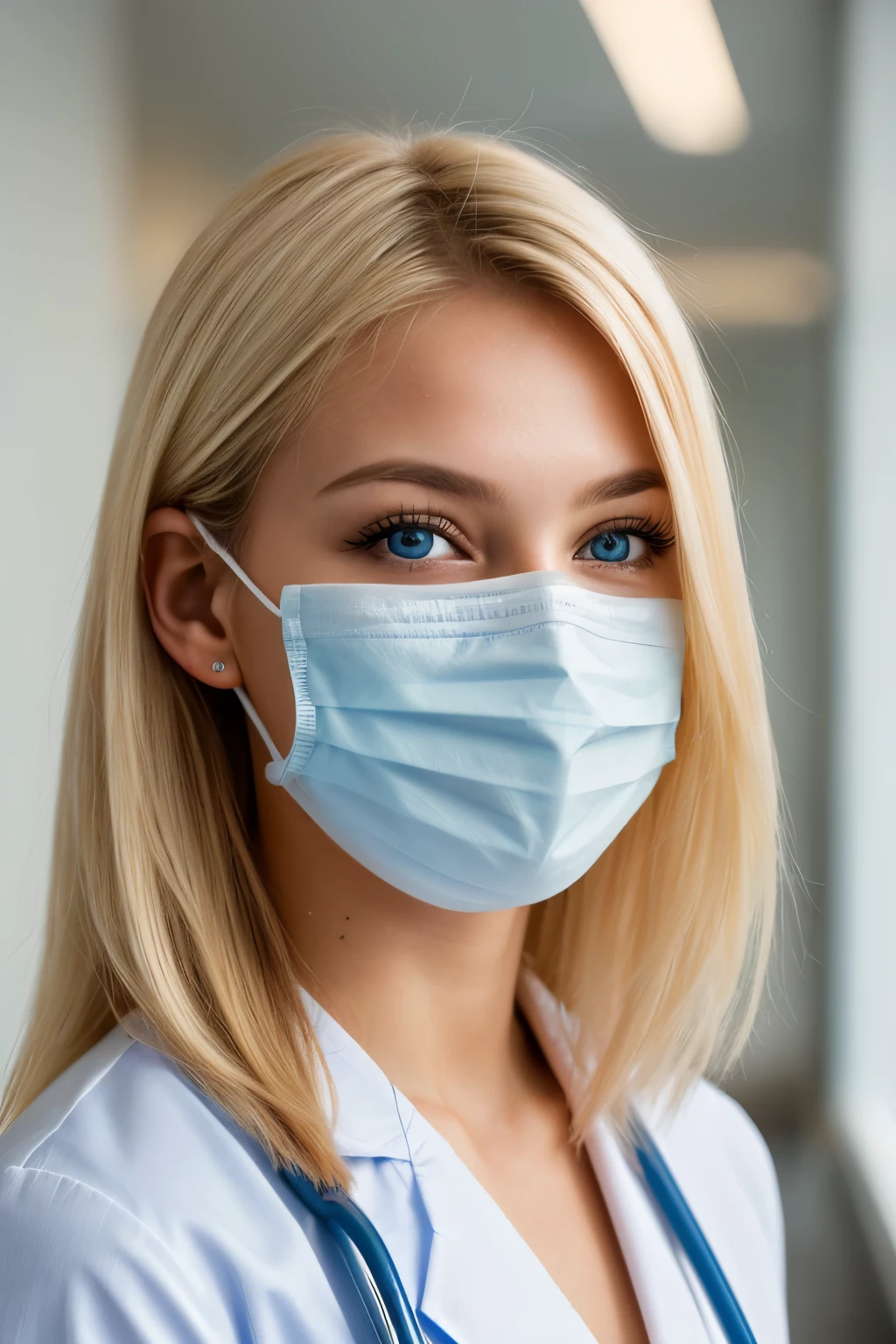 A young Brazilian nurse with blonde hair and a white mouth mask stands in the middle of a hospital interior, the background softly blurred for cinematic effect. The portrait is rendered in crisp 4k resolution, with sharpness details emphasizing the realism of every pore and texture on her fair complexion. Her features are beautifully captured, highlighting her youthful charm and the sincere expression behind her piercing blue eyes. The scene is bathed in natural light, adding to the authentic feel of the photograph.