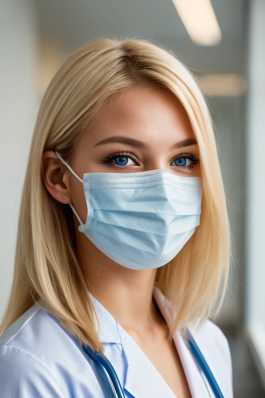 A young Brazilian nurse with blonde hair and a white mouth mask stands in the middle of a hospital interior, the background softly blurred for cinematic effect. The portrait is rendered in crisp 4k resolution, with sharpness details emphasizing the realism of every pore and texture on her fair complexion. Her features are beautifully captured, highlighting her youthful charm and the sincere expression behind her piercing blue eyes. The scene is bathed in natural light, adding to the authentic feel of the photograph.