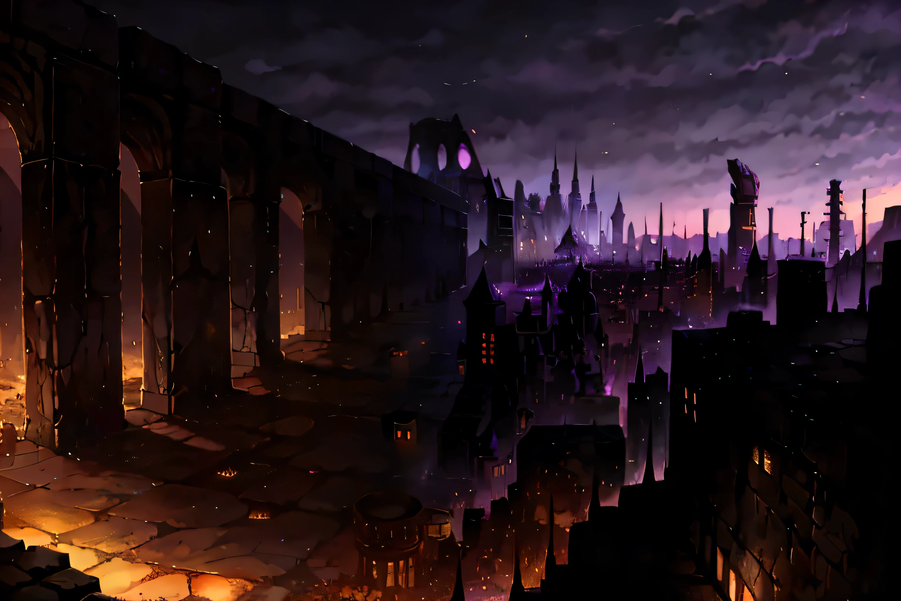 Masterpiece, best quality, no humans, ruins, skeletons, wasteland, cities, skyscrapers, deserts, dusk, wet, rainy, puddle, purple sky , bright lightning strike, skeleton 