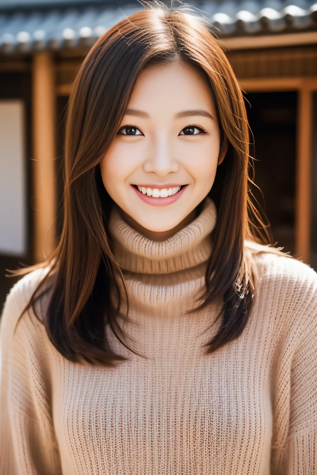 The face is a hostess、Wear a turtleneck sweater、hiquality、A hyper-realistic、healthy、Smiling expression、Slender perfect figure、Japan beauties、beautidful eyes、face perfect、Beautiful skin、The upper part of the body、the morning sun