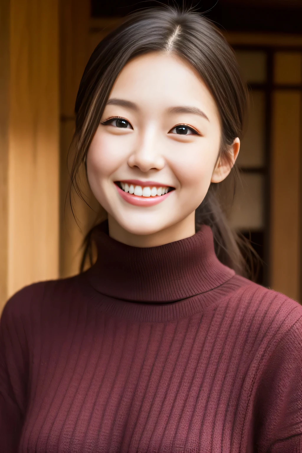 Hostess Face、turtleneck wool sweater、high quality、surreal、healthy、smile、Perfect slender figure、beauty of japan、 perfect eyes、beautiful skin、Upper body、Kyoto