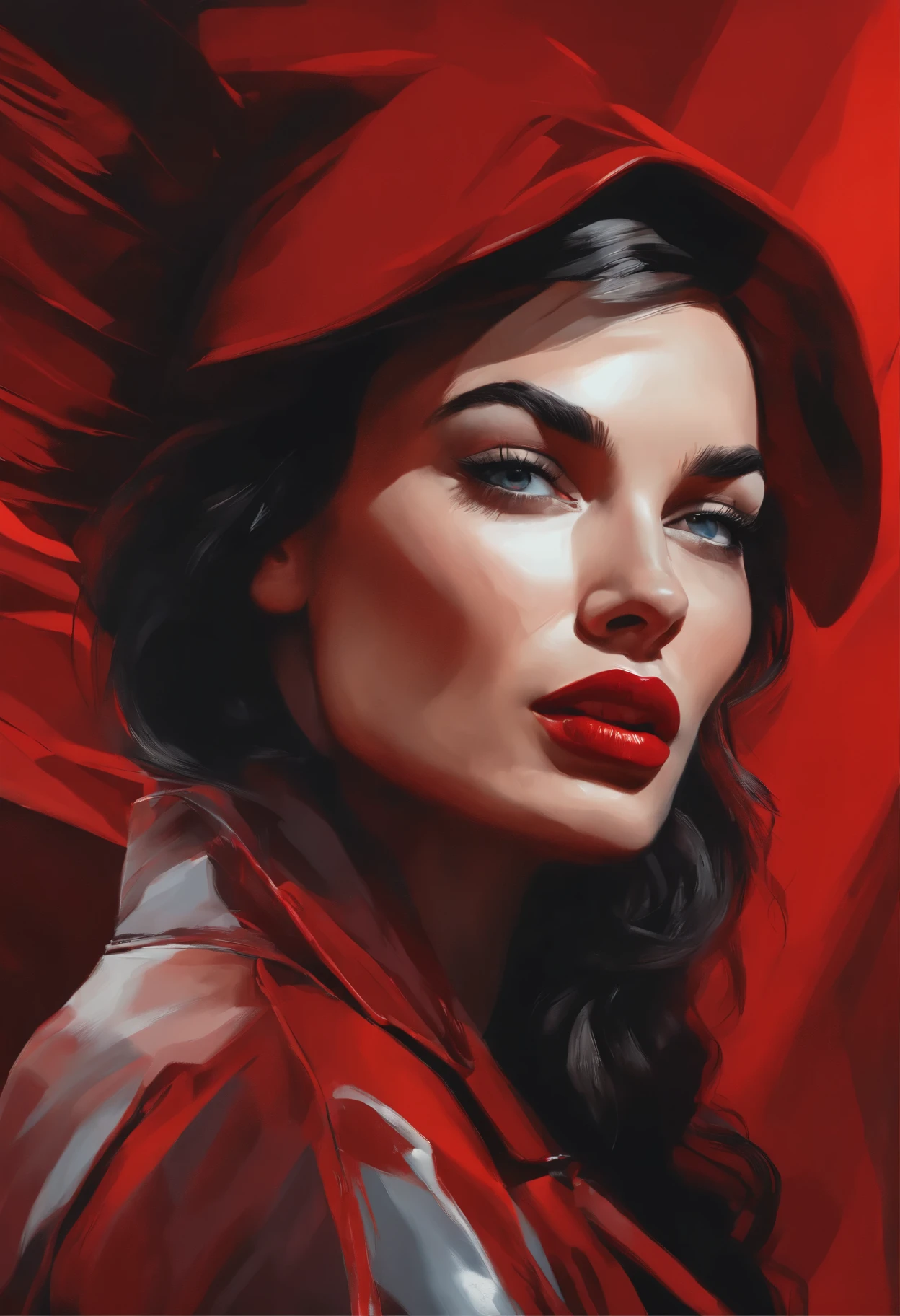 painting of a woman with a red background and a red background, digital art inspired by Sandra Chevrier, cgsociety, digital art, extremely high quality artwork, martin ansin artwork portrait, screaming fashion model face, screaming. not realistic, detailed painting 4 k, sexy painting of gal gadot, karol bak uhd, wadim kashin. ultra realistic