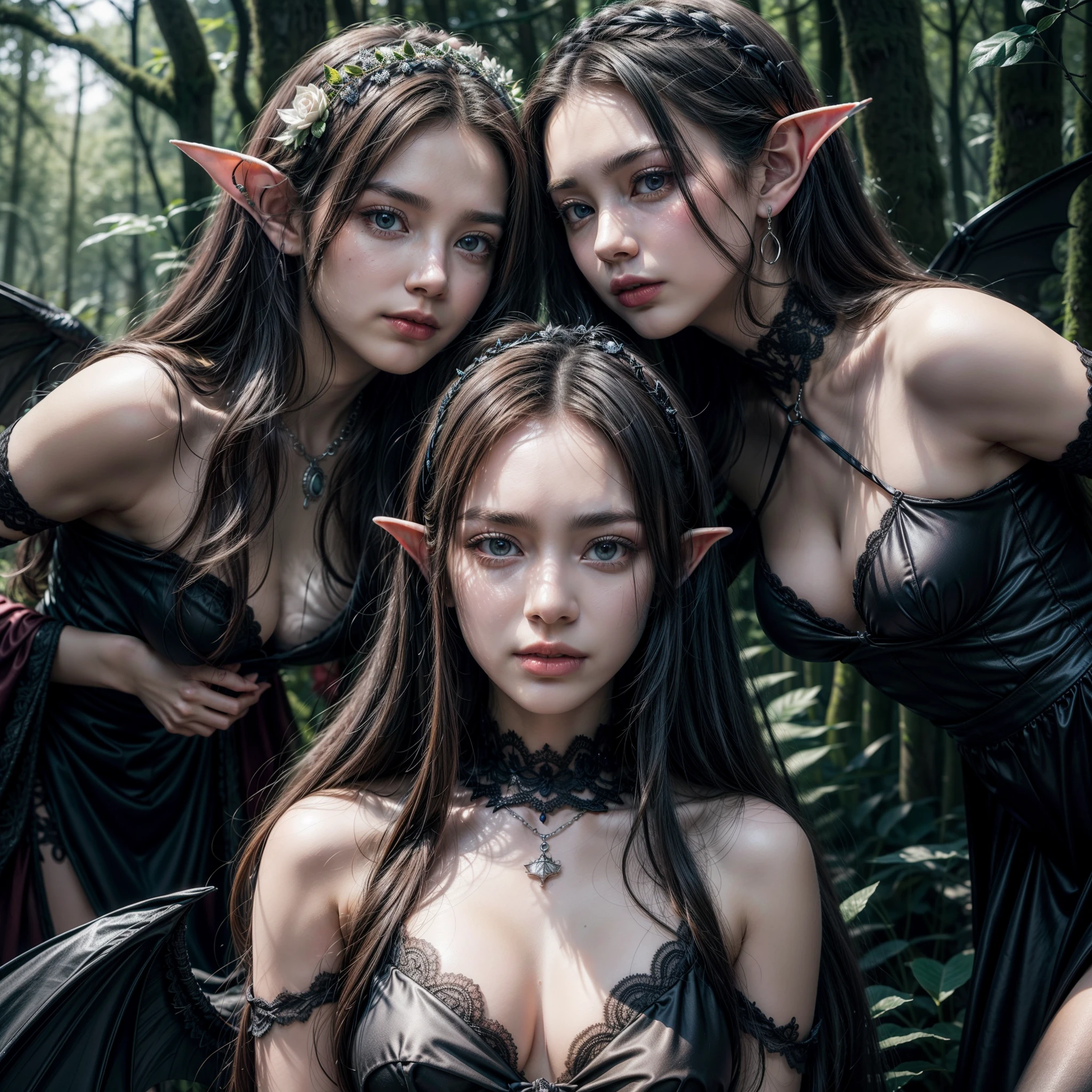 Three beautiful, gothic, hot elves, with black hair, beautiful lips, beautiful eyes, full breasts, pale silky skin, wearing black flower tiaras on their heads, bat wings, gothic earrings, necklaces, low-cut sexy gothic elven dresses, standing , posing beautifully, and in the background a dark forest, with dead trees, beautiful hyperrealistic art of dark elves, beautiful beloved photorealistic dark elves, elves in a fantastic dark fantasy world of intricate details.