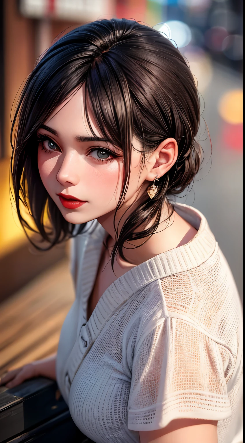 Woman, 30 years, Argentina clothes, red lips, retina,  seductive, depth of field, motion blur, from above, bokeh, UHD, masterpiece, textured skin, super detail, high quality