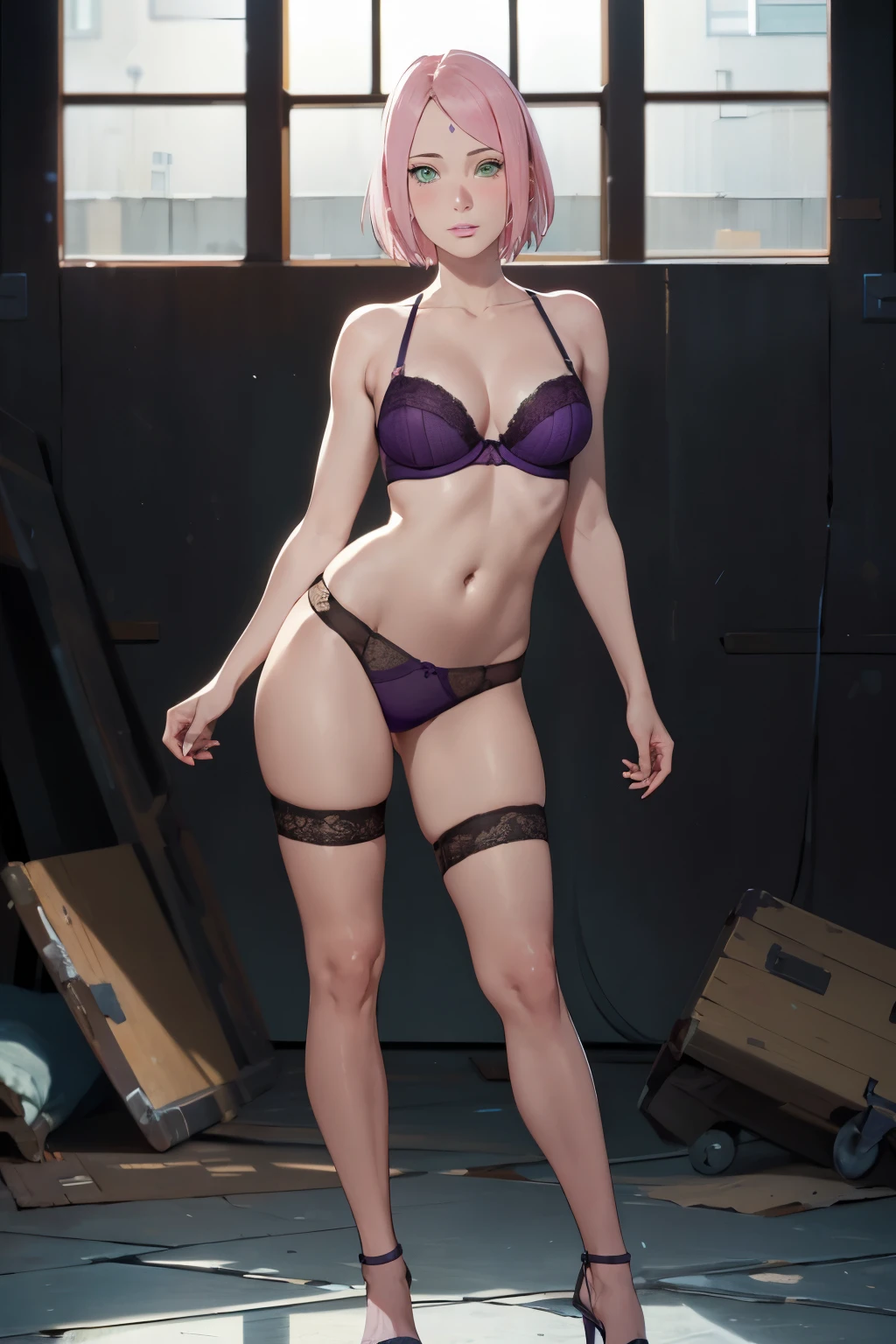 masterpiece, absurdres, sakura\(boruto\), 1girl, solo,mature female, detailed purple bra lenjerie, detailed purple thong lenjerie), perfect composition, detailed lips, breast, beautiful face, body propotion, blush, (pink lips), short hair, green eyes, soft gaze, super realistic, detailed, photoshoot, realistic face and body, thighhighs, full body, standing pose, provocative pose