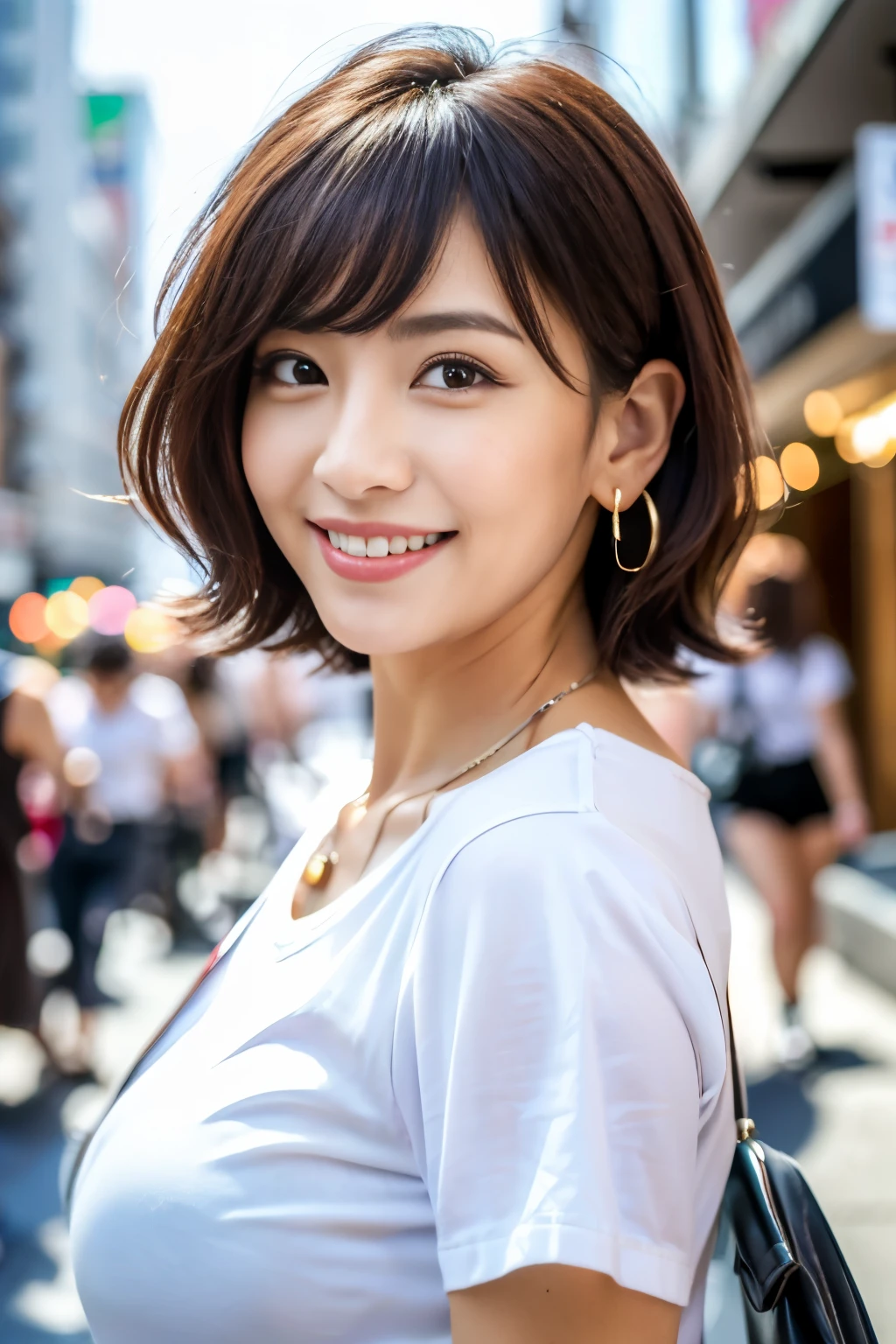 ((Best quality, 8k, Masterpiece :1.3)), Japanese hot milf worker with horny body, pubic hair, Ultra-detailed face, Detailed eyes, Double eyelid, smiling, a coquettish look, bob hairstyle, wearing a white t shirt and pants, necklace and earrings, in a big city, outdoor,