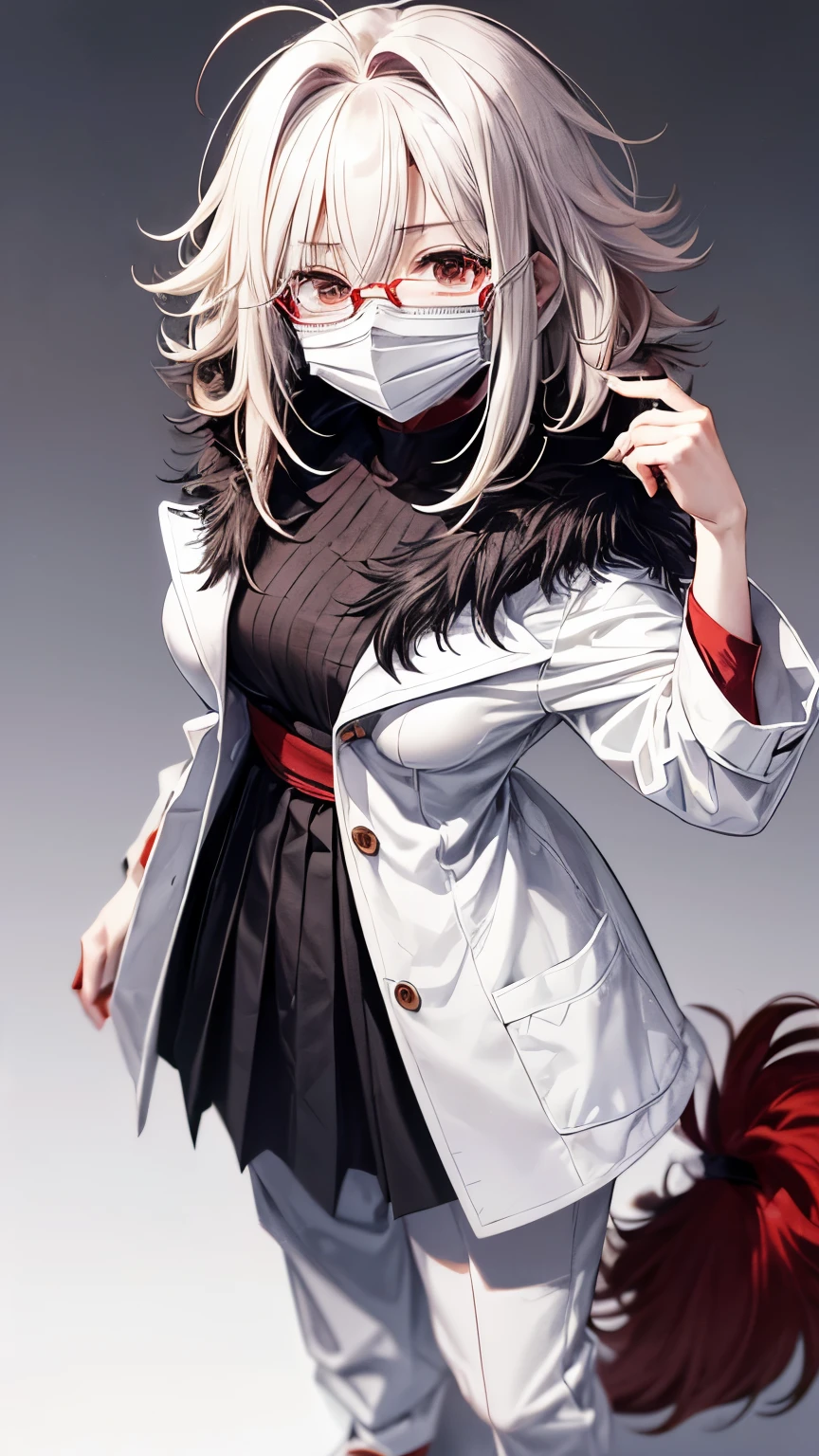 A 28 years old Japanese lady ((very small breast, slender)), very short hair (( pale red , shaggy and messy hair)), ((much shaggy forelock)), wear a oval shaped glasses, ((white mouth mask)), red sharp eyes, a black dress shirt, white coat, indigo straight pants , from below, full body, ((face focus)), put her hand on her breast ,