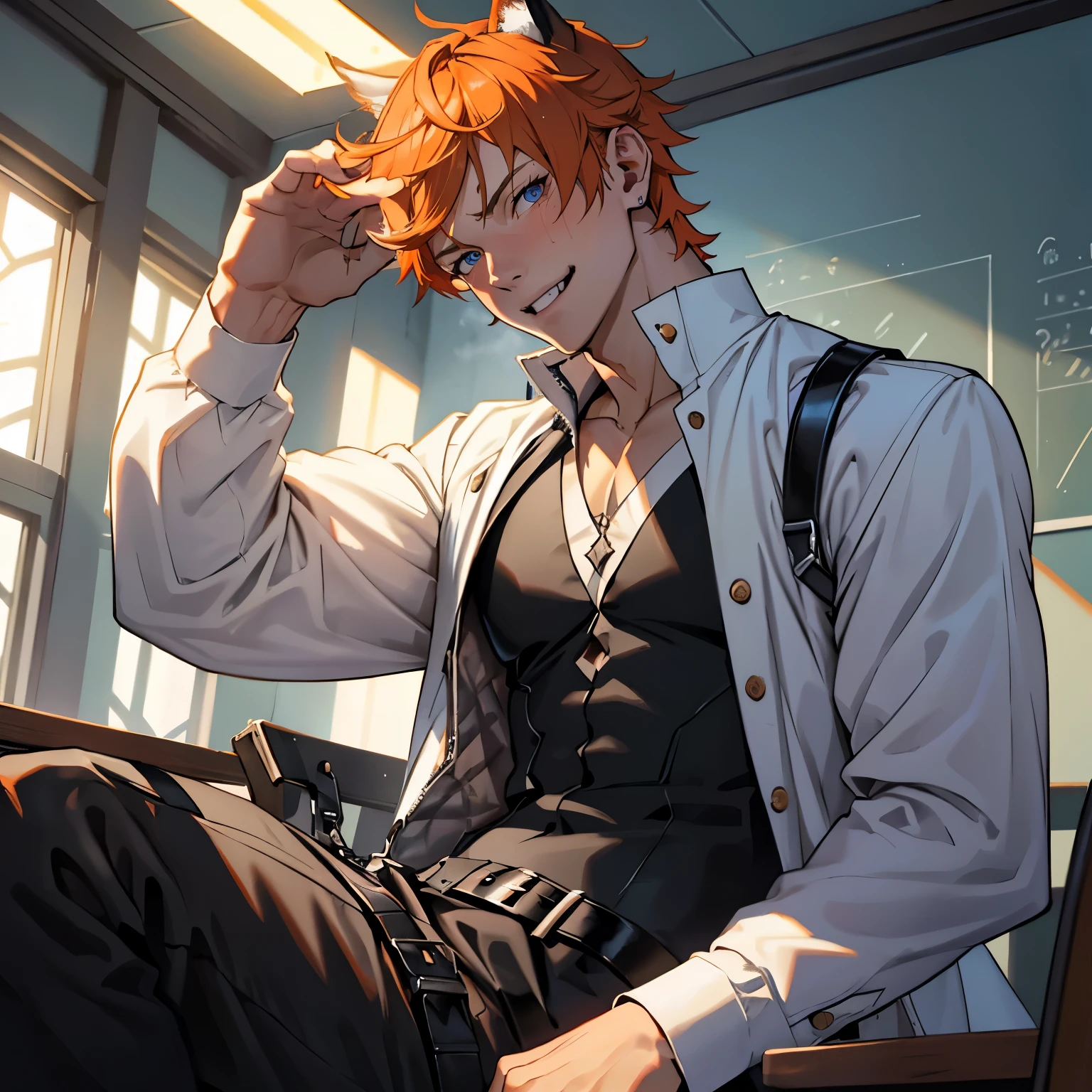 (masterpiece, Best Quality), extremely detailed, best quality, ultra-detailed, (best illumination, best shadow),1boy, male, man, tartaglia\(genshin impact\), solo, tartaglia\(genshin impact\), orange hair, short hair, perfect face, orange eyebrows, sharp eyes, blue eyes, smile,in the classroom, male, shy expression, twisted waist, black butler suit, open shirt, white shirt, abs, muscular, clear skin, handsome, lewd, (black harness:1.4), dog ears, orange hair, tongue sticking, collar, dog chain, kneeling position, tongue sticking out, saliva, hands raised like a dog, fangs, hips, looking up