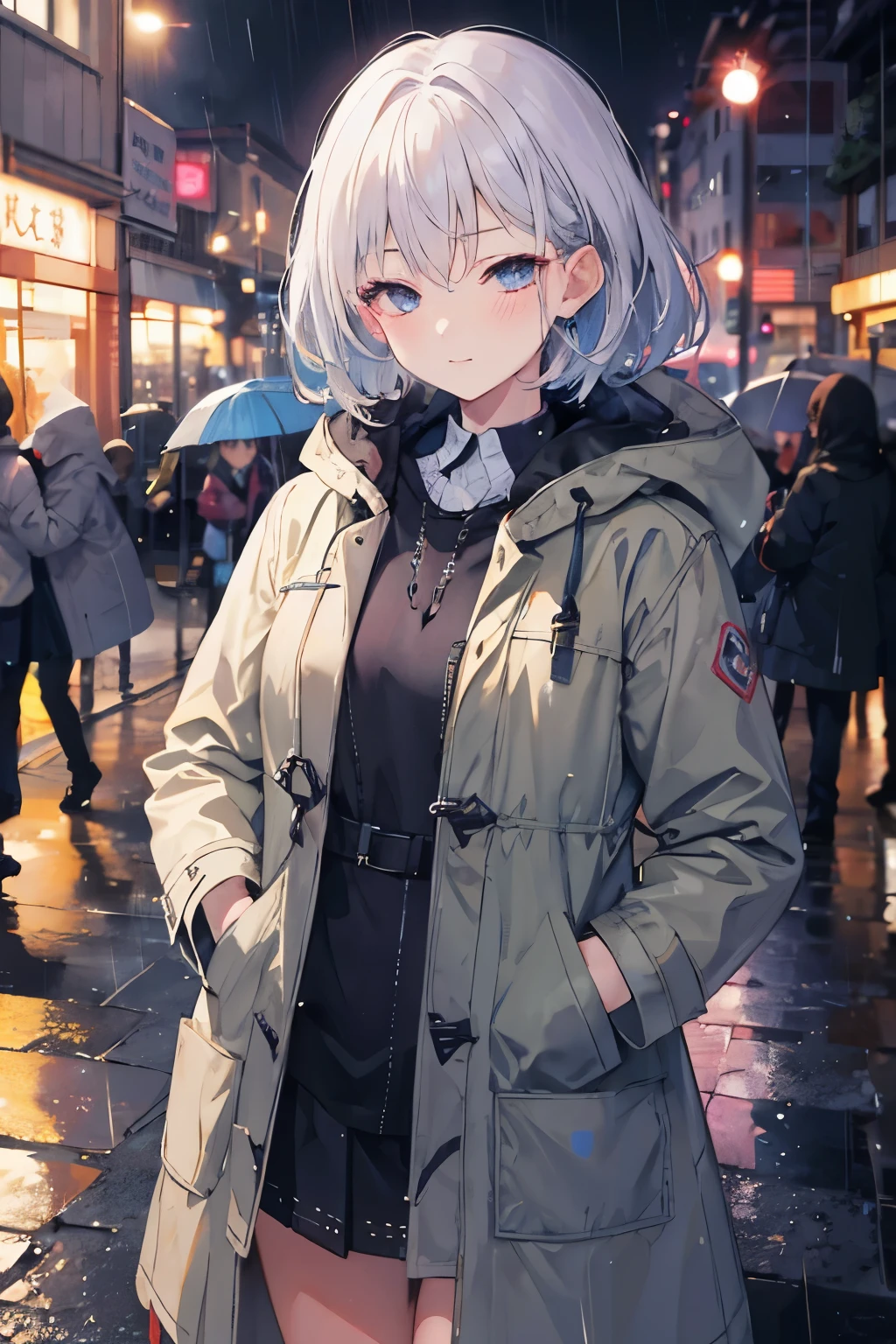 eyes closedかわいいギャル　　eyes closed　City of night,rain,coat,put one&#39;s hand in one&#39;s pocket　Image generation and