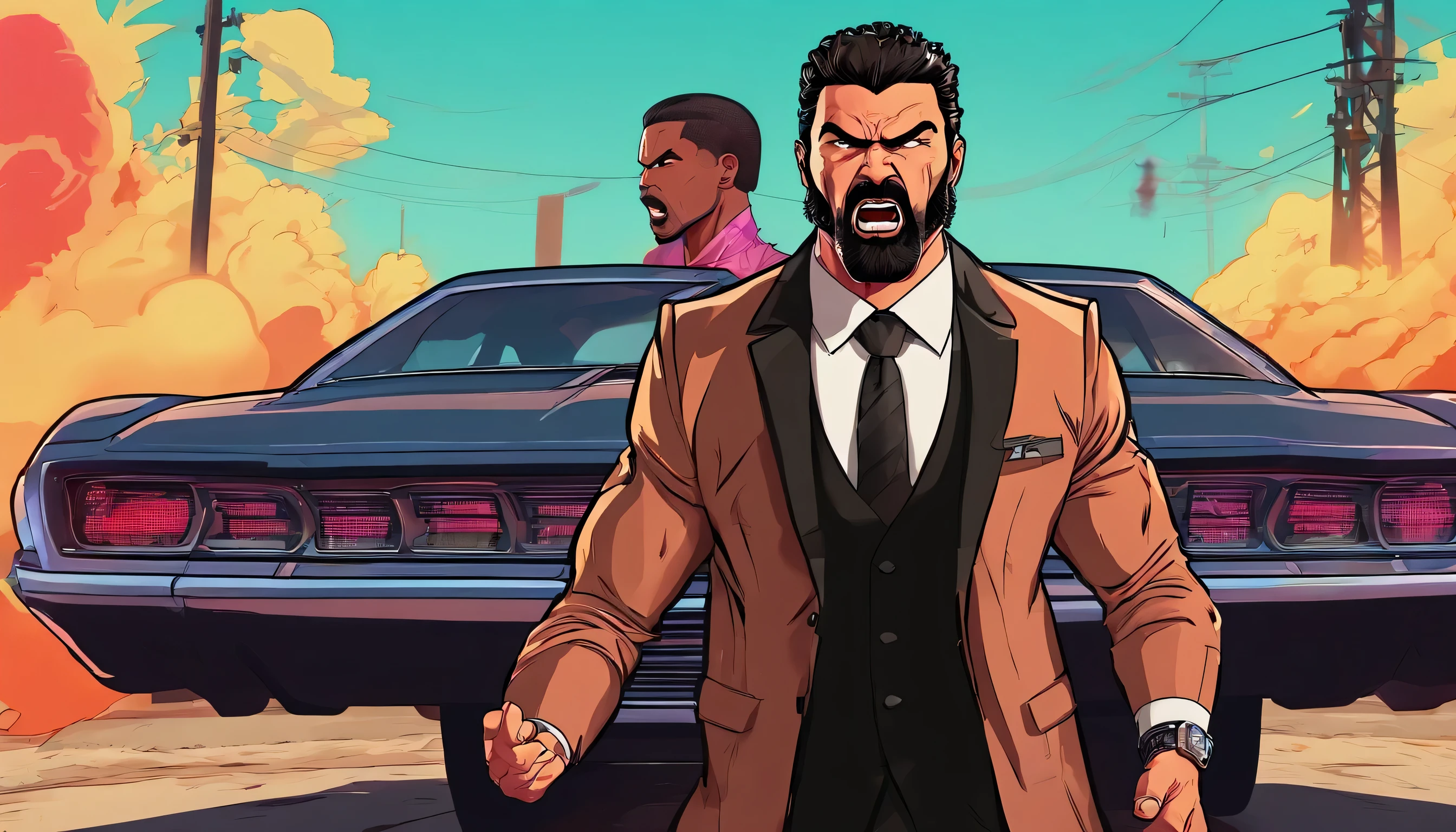 An angry shouting Male, Hispanic, lightskin, black hair, brown eyes, beard, muscular body, wearing black suit, 8k standing near car,