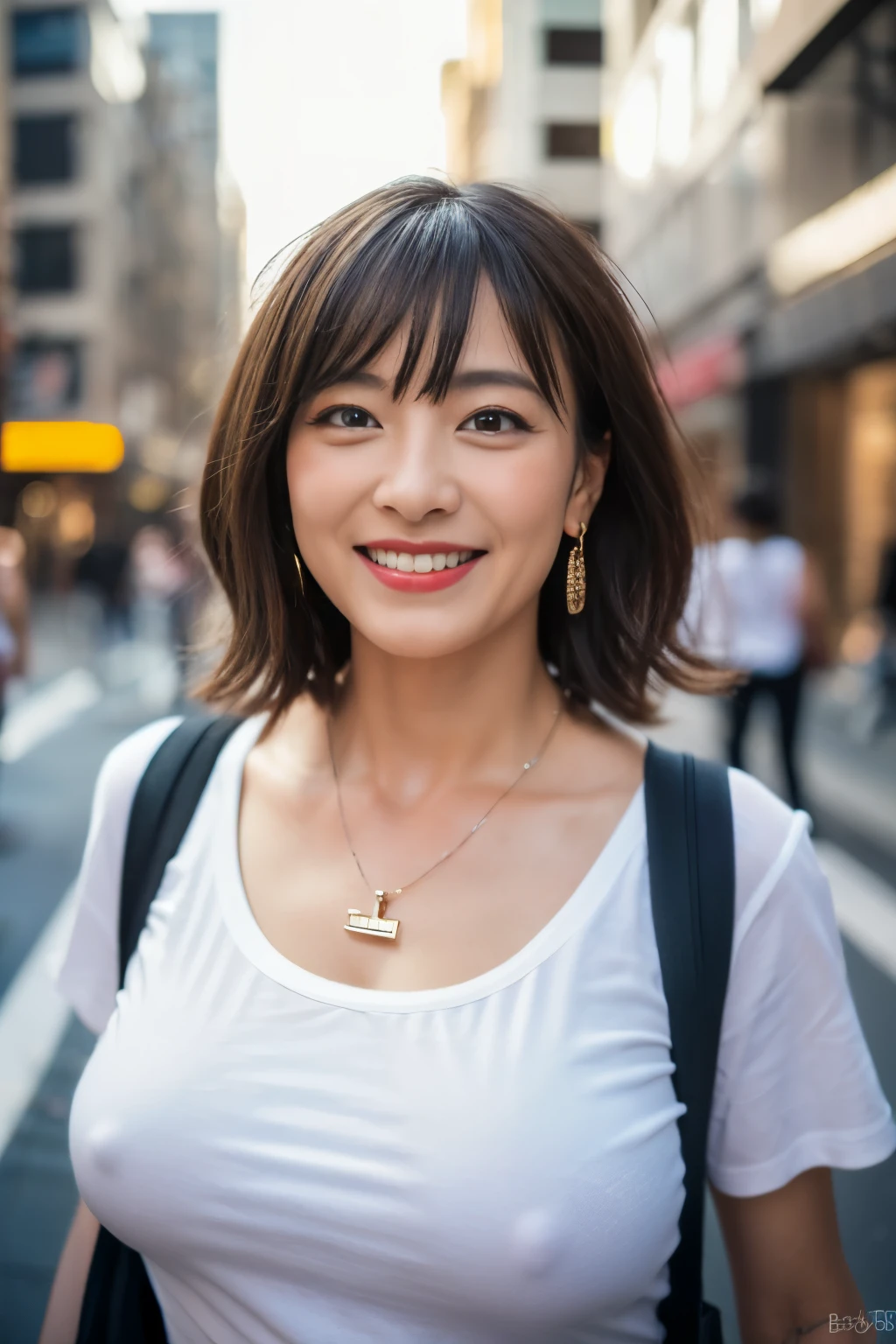 ((Best quality, 8k, Masterpiece :1.3)), nipples, Japanese hot milf worker with horny body, pubic hair, Ultra-detailed face, Detailed eyes, Double eyelid, smiling, a coquettish look, bob hairstyle, wearing a white t shirt and pants, necklace and earrings, in a big city, outdoor,