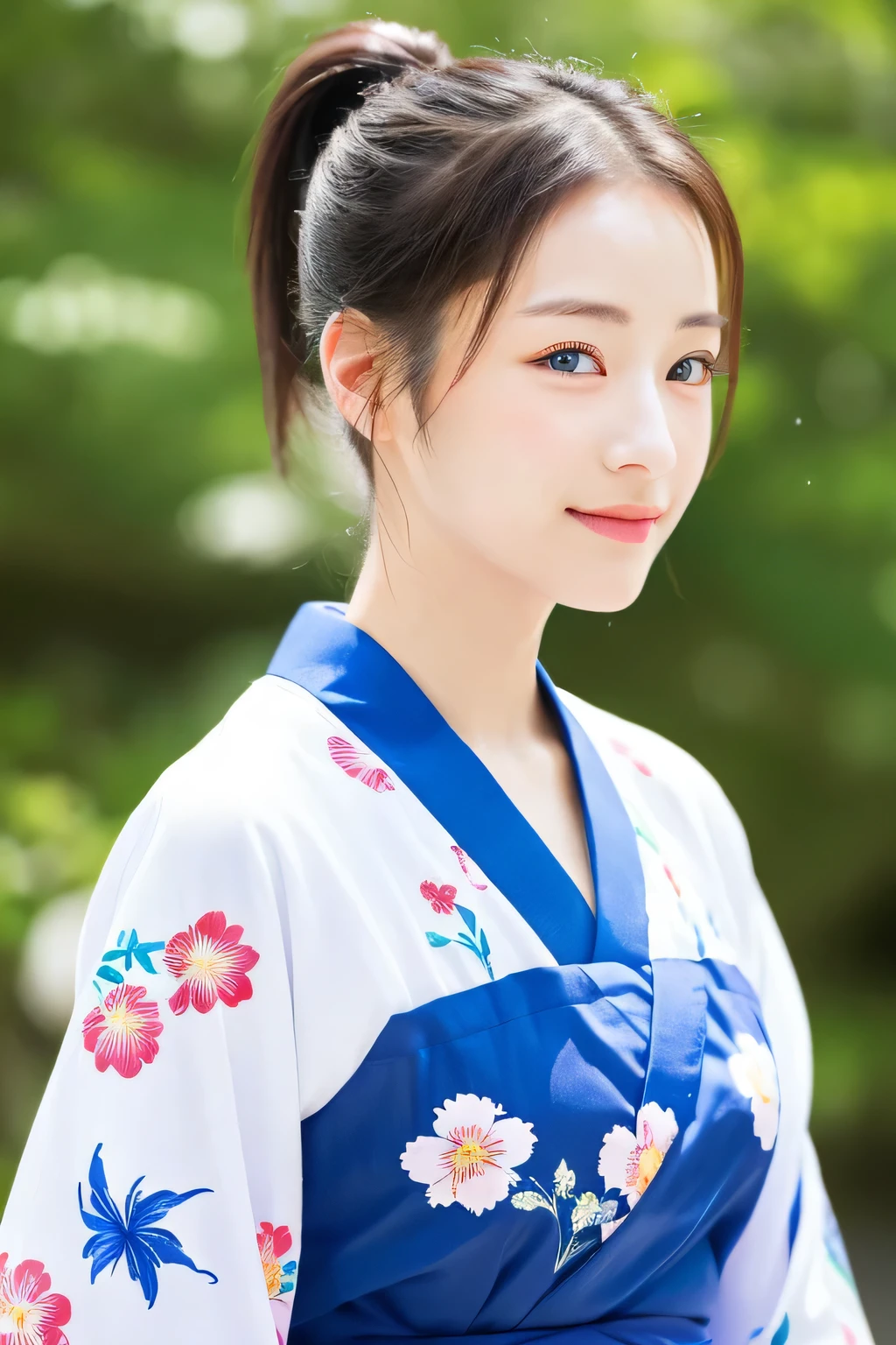 ((masterpiece、highest quality、super fine、High resolution))、alone、beautiful girl、shining eyes、perfect eyes、Japan's beautiful sister、ponytail、Yukata with white floral pattern、The background is a festival、High level image quality、4K.