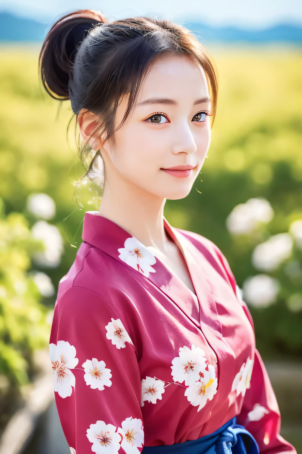 ((masterpiece、highest quality、super fine、High resolution))、alone、beautiful girl、shining eyes、perfect eyes、Japan's beautiful sister、ponytail、Yukata with white floral pattern、The background is a festival、High level image quality、4K.