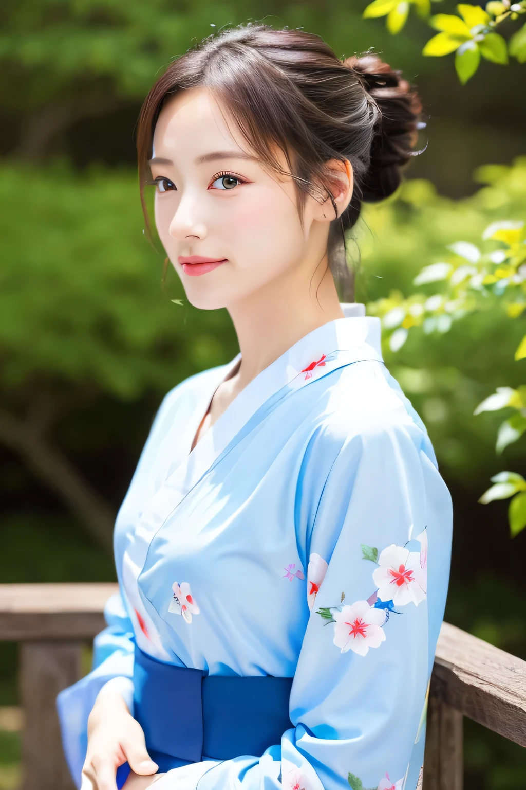 ((masterpiece、highest quality、super fine、High resolution))、alone、beautiful girl、shining eyes、perfect eyes、Japan's beautiful sister、ponytail、Yukata with white floral pattern、The background is a festival、High level image quality、4K.