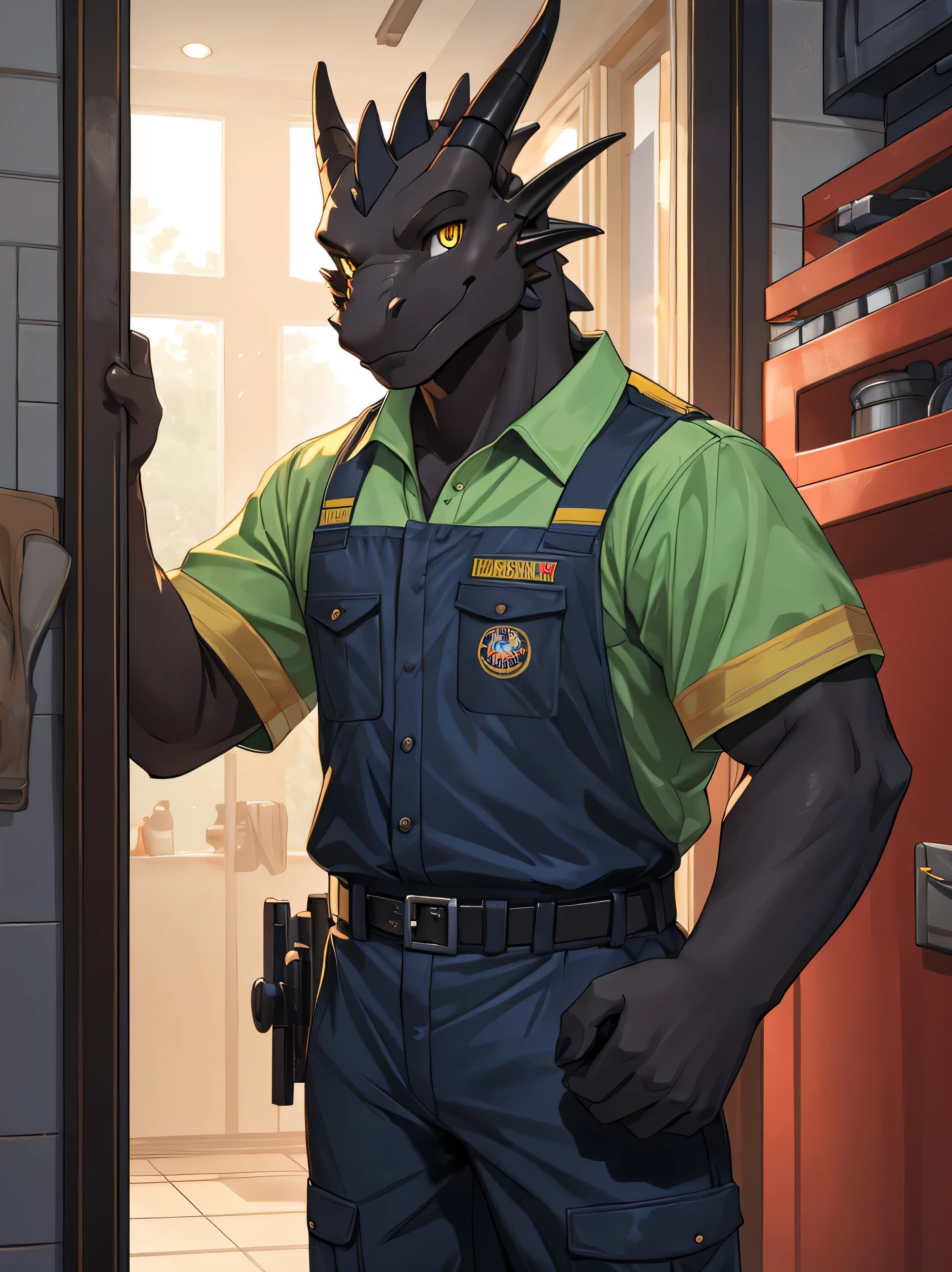 furry,red-black skin dragon,man,neon yellow eyes(Realistic eye detail),strong,Enter the plumber.&#39;uniform s,standing in front of the door,Left hand holds tool box 1.2,smile at the corner of your mouth.,Right hand raises hand in greeting 1.2,Look at the audience..,