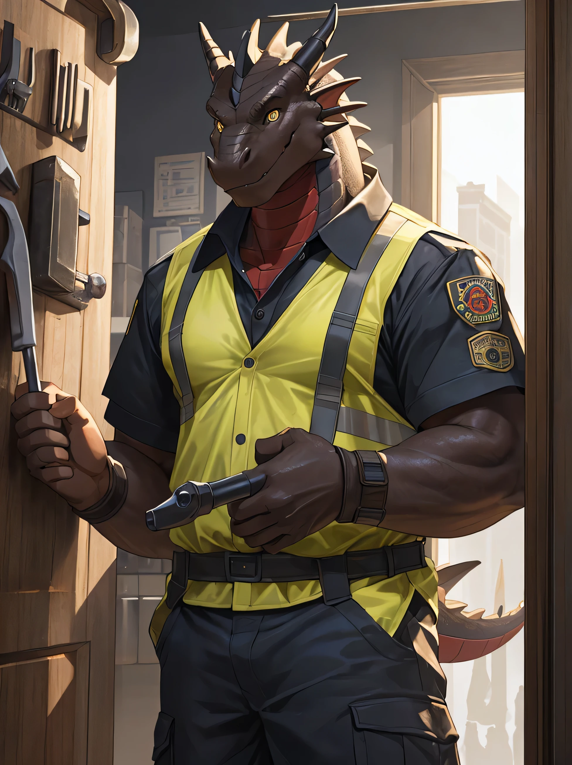 furry,red-black skin dragon,man,neon yellow eyes(Realistic eye detail)handsome face.,voluptuous,smile at the corner of your mouth.,strong,Enter the plumber.'uniform s(Realistic costumes),perfect anatomy,Realistic anatomy,Left hand holds tool box 1.2,standing in front of the door(The backgrounds are realistic and accurate..),Look at the audience..,