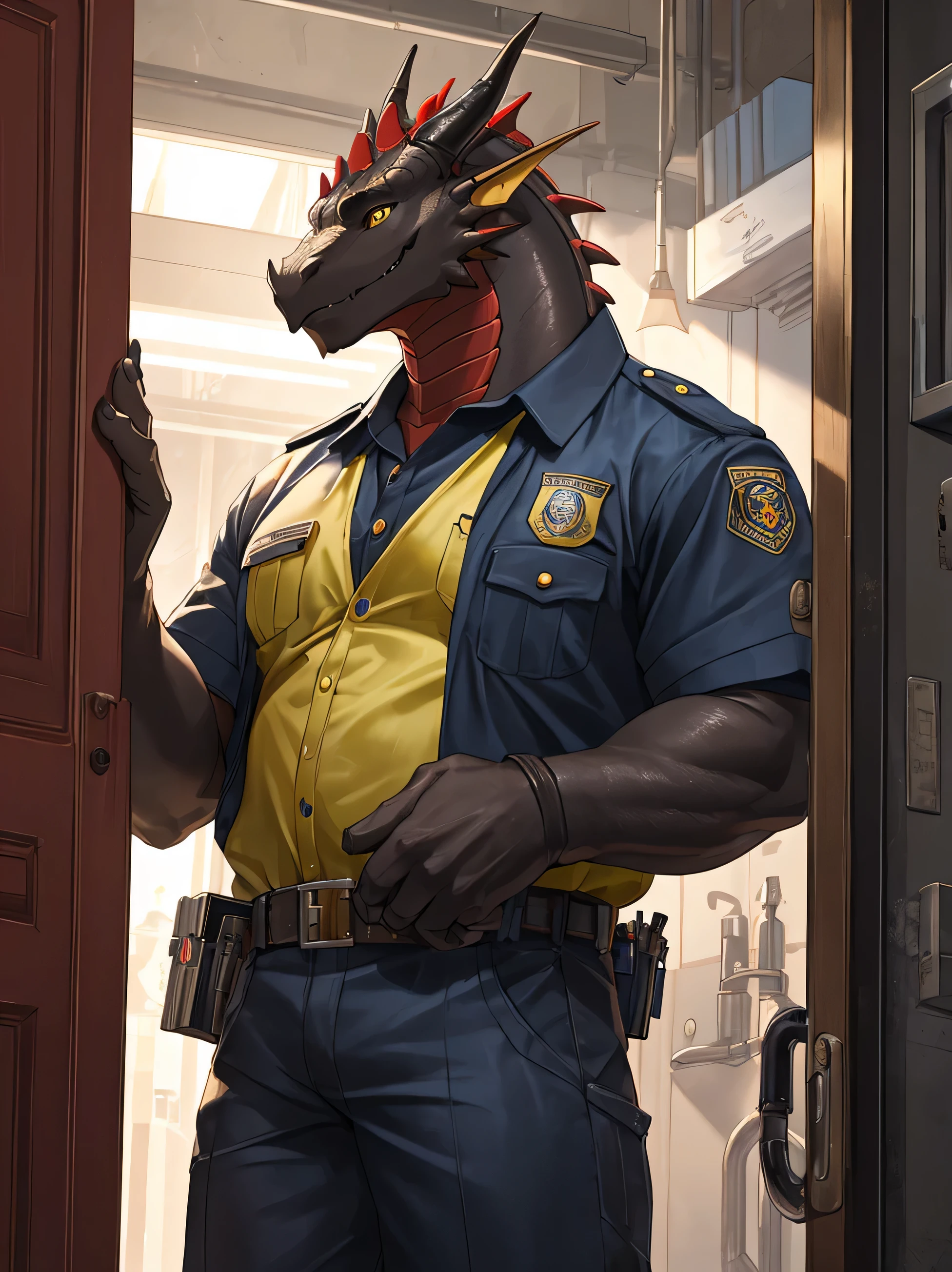 Solo, Male, fat, squatting, extremely obese, gentleman, dapper Dragon, blue eyes, (soft shading), 4k, hi res, ((detailed face, detailed)), looking at viewer, gaping mouth, breathing fire, police station, collared shirt with buttons, hat, male focus, Police Uniform, glasses, monocle, vest with buttons, sleeves rolled up, round eyewear, headwear, vest, Dragon is wearing a glossy leather dog collar around the neck, Dragon is wearing the leather collar and shirt and vest at the same time, Dragon is wearing glossy white rubber gloves on the hands, wearing white rubber gloves on the feet, gloves are rubber in texture, open mouth, drool, clenching fists, leather collar is glossy and shiny with a lot of detail, Dragon is wearing gloves and leather collar at the same time, leather collar has a round dog-tag, leather collar is thick and detailed, white rubber gloves on the feet.