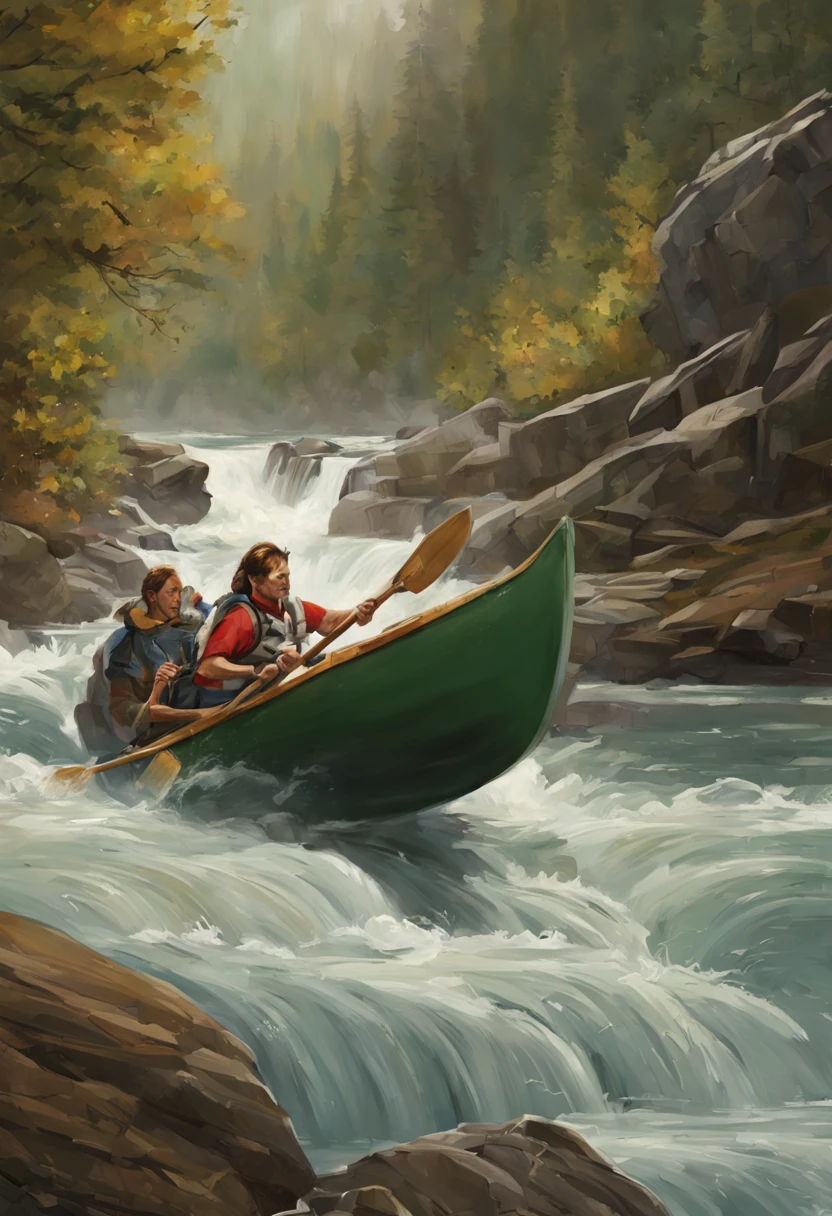 Canoe, big river, rapids, splashing water, rock face, high quality