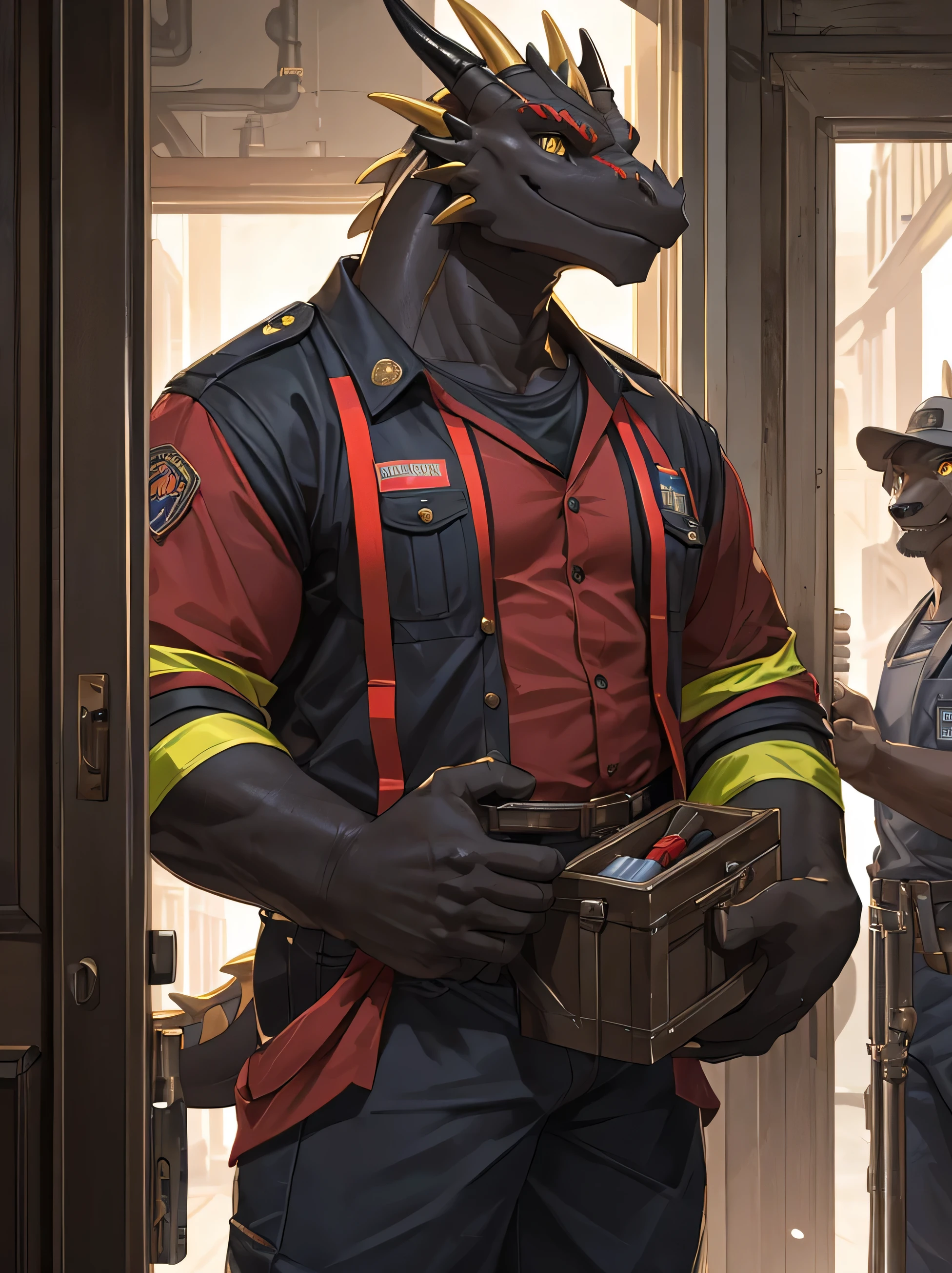 furry,red-black skin dragon,man,neon yellow eyes(Realistic eye detail)handsome face.,voluptuous,smile at the corner of your mouth.,strong,Enter the plumber.&#39;uniform s(Realistic costumes),perfect anatomy,Realistic anatomy,Left hand holds tool box 1.2,standing in front of the door(The backgrounds are realistic and accurate..),Look at the audience..,