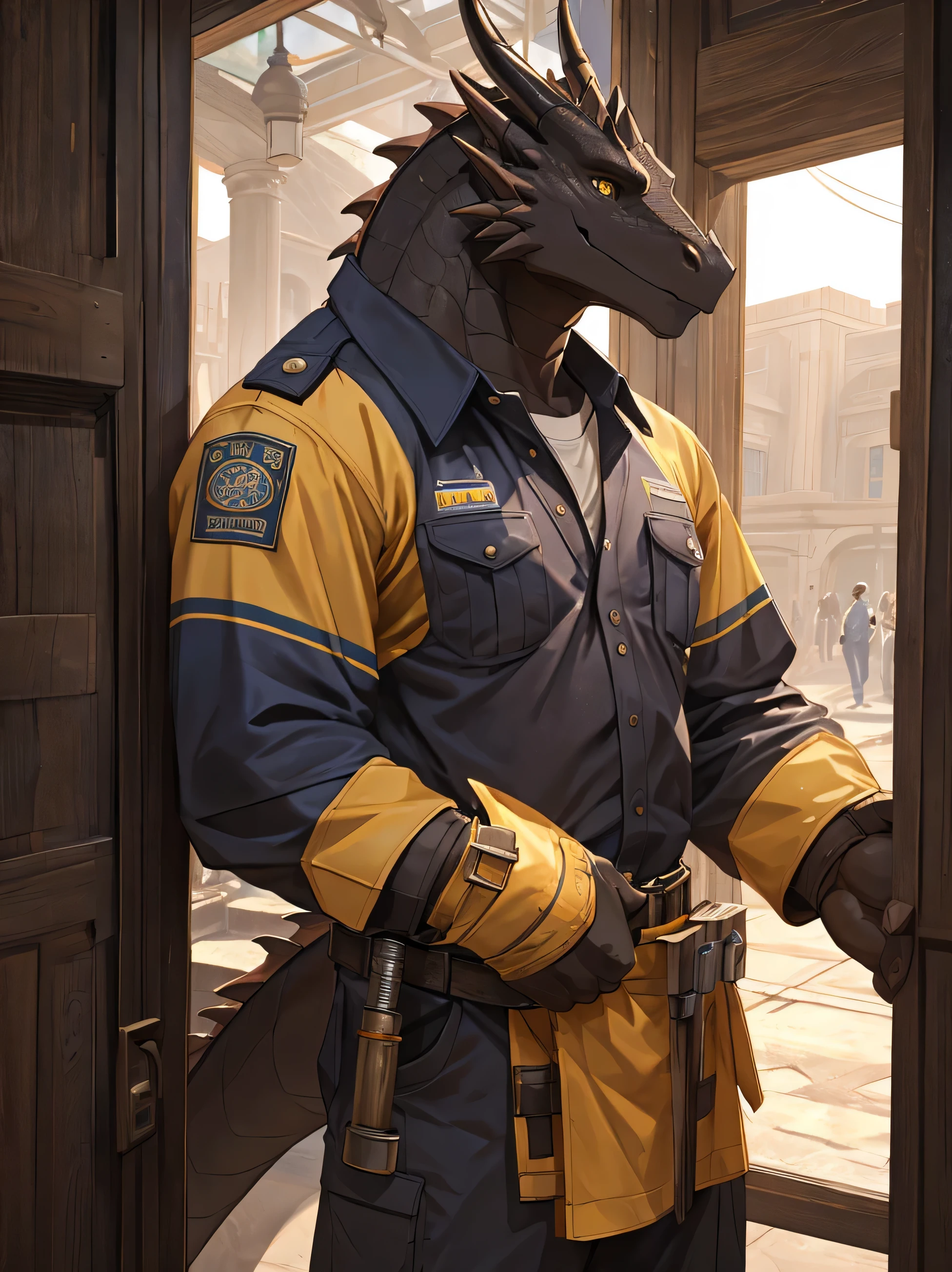 furry,red-black skin dragon,man,neon yellow eyes(Realistic eye detail)handsome face.,voluptuous,smile at the corner of your mouth.,strong,Enter the plumber.'uniform s(Realistic costumes),perfect anatomy,Realistic anatomy,Left hand holds tool box 1.2(Realistic hand detail, Not deformed.),standing in front of the door(realistic background),Look at the audience..,HDR,8ก,Maximum overall detail