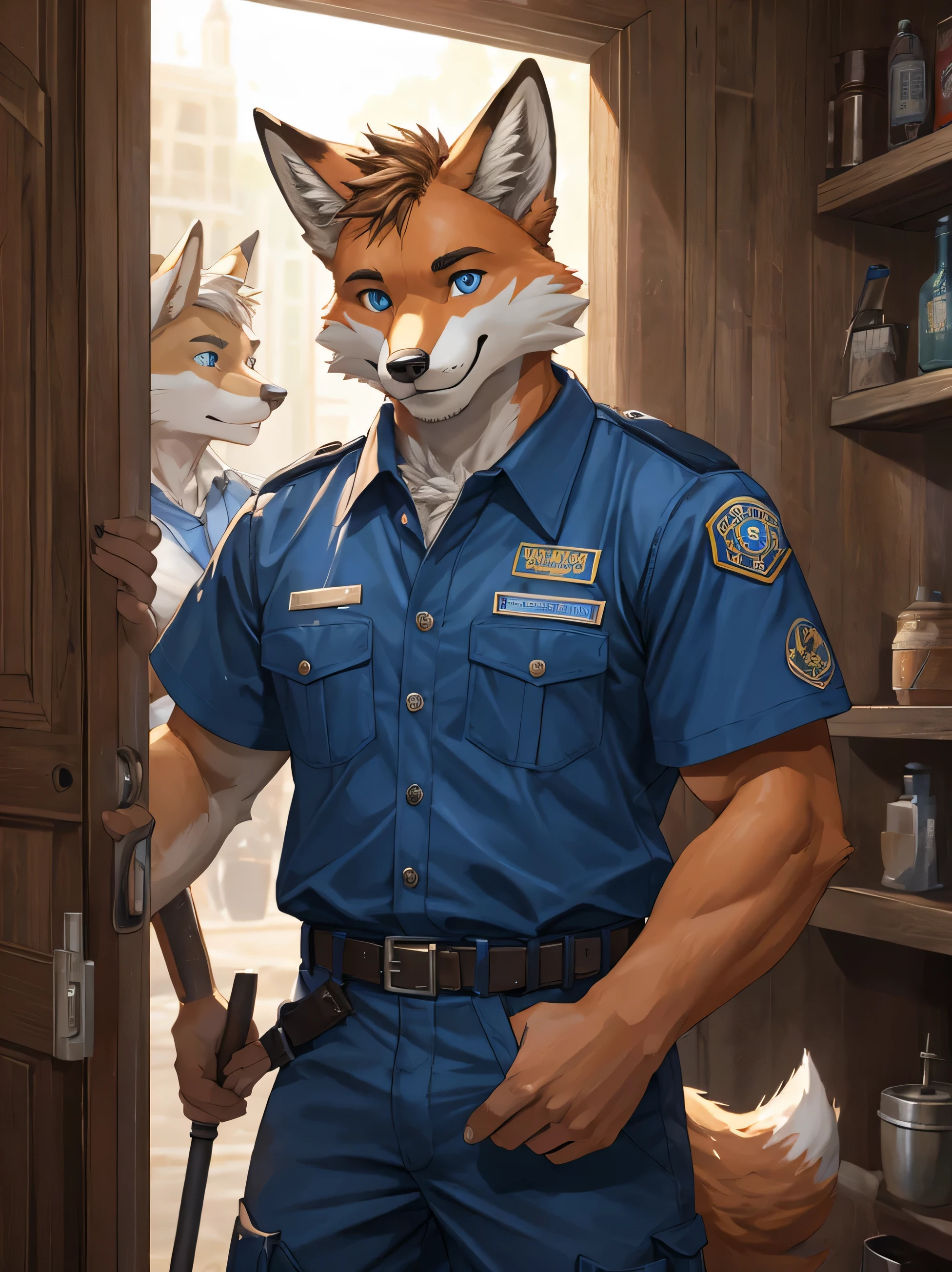 close up, furry, anthro, giant maned wolf, maned wolf ears, maned wolf tail, orange, white and brown fur, messy fur, neck floof, brown fluffy mohawk, brown eyes, razor sharp teeth, slim body, handsome, slender, lanky body, really long arms, really long legs, tall, wearing a spanish police officer uniform, police gear and police cap, pawpads, black pawpads, ((best quality, 4K, UHD, masterpiece)), standing in a Spanish police station, alone, sunny day, 