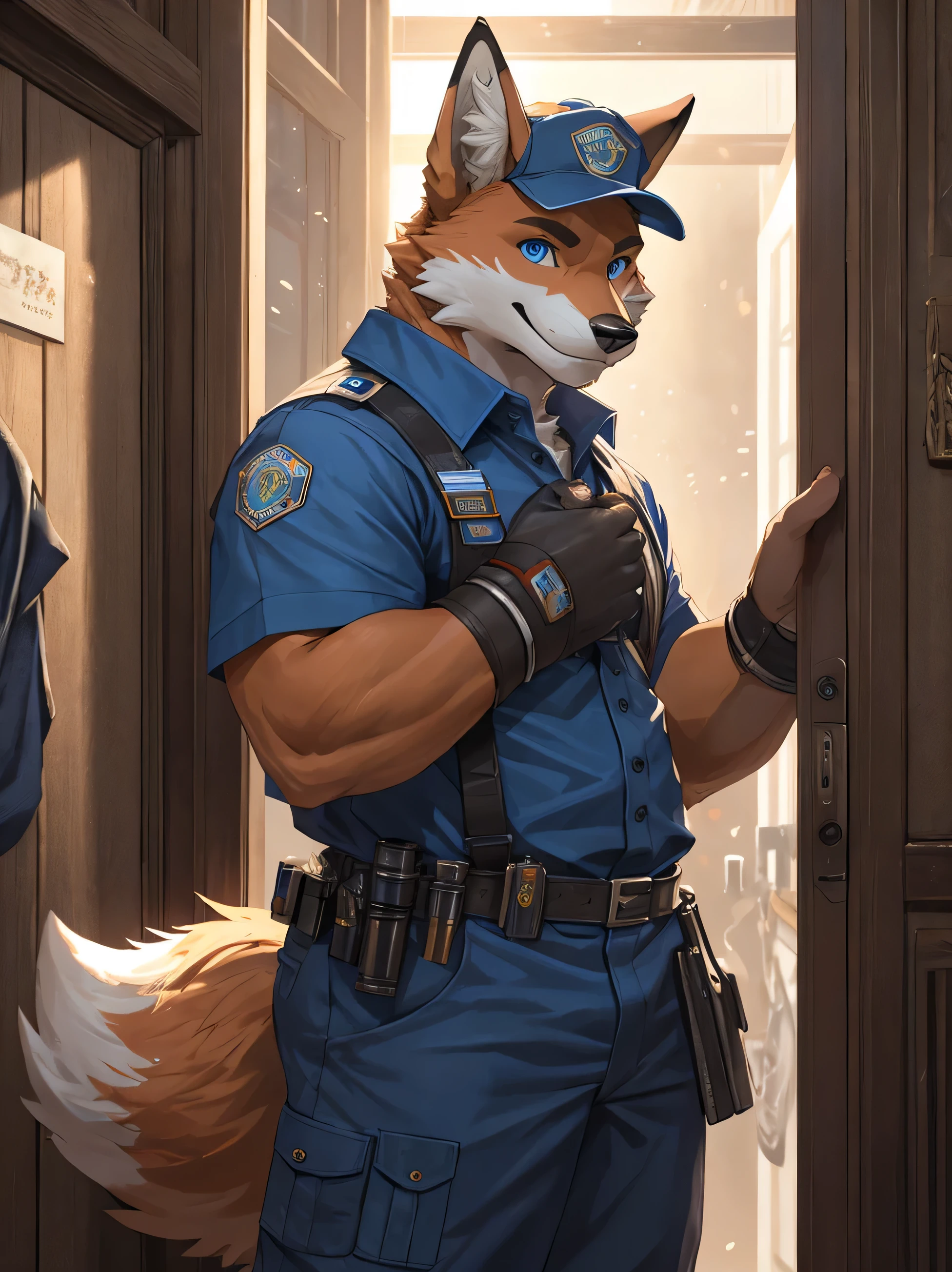 naked male german shepherd in police uniform, erect penis, dripping cum