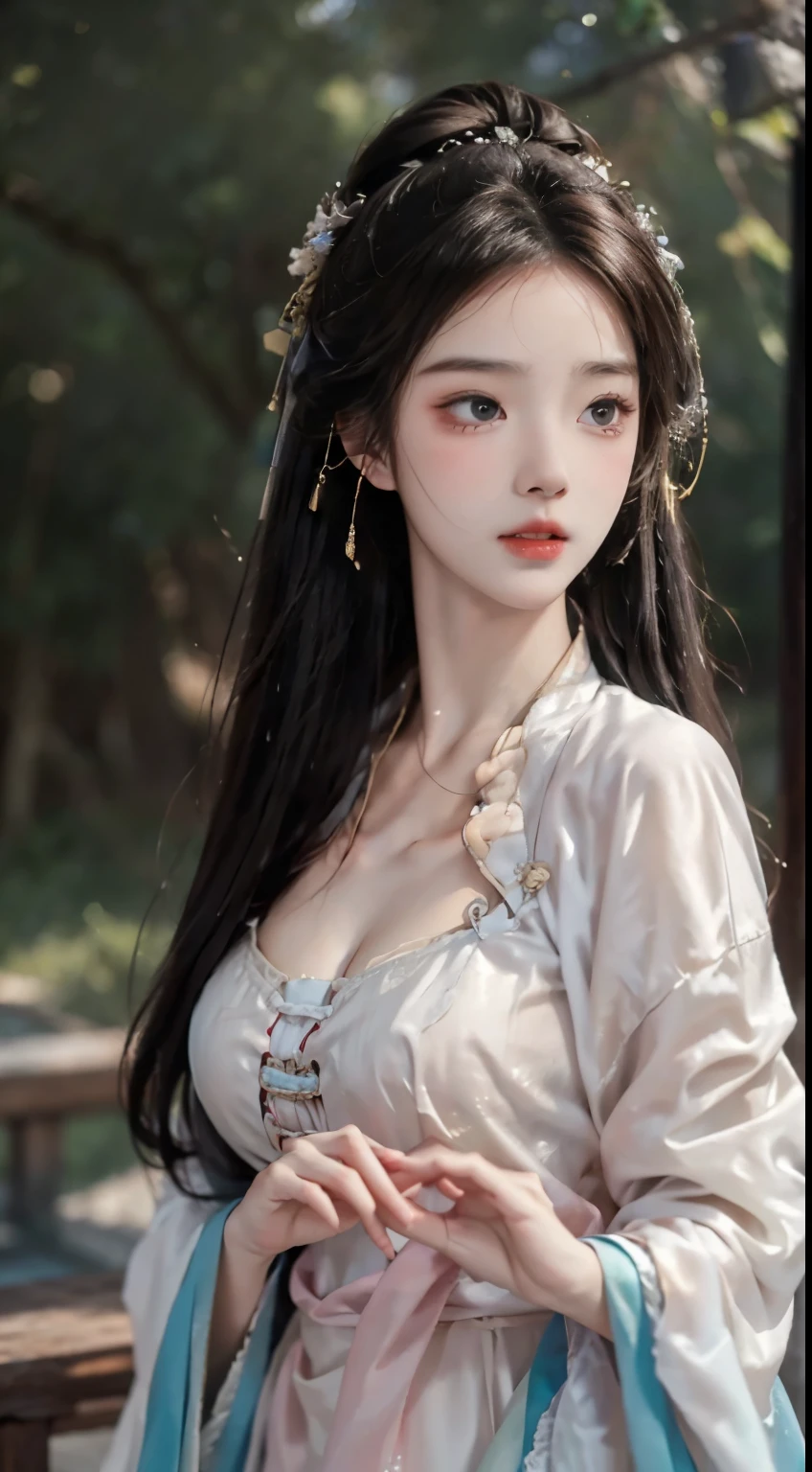 open V-chested clothes royal, Wet body of thin silk fabric, Thin silk lace dress, (huge ,cleavage),, white pink, blue ,best qualtiy,tmasterpiece,超高分辨率,(真实感:1.4),RAW photogr,(True skin texture:1.3),(filmgrain:1.3),(Selfie angle),1个Giant Breast Girl,Beautiful eye and face details,tmasterpiece,Best quality at best,,The chest more exposed, detailed hair, bra pink , detail 8k