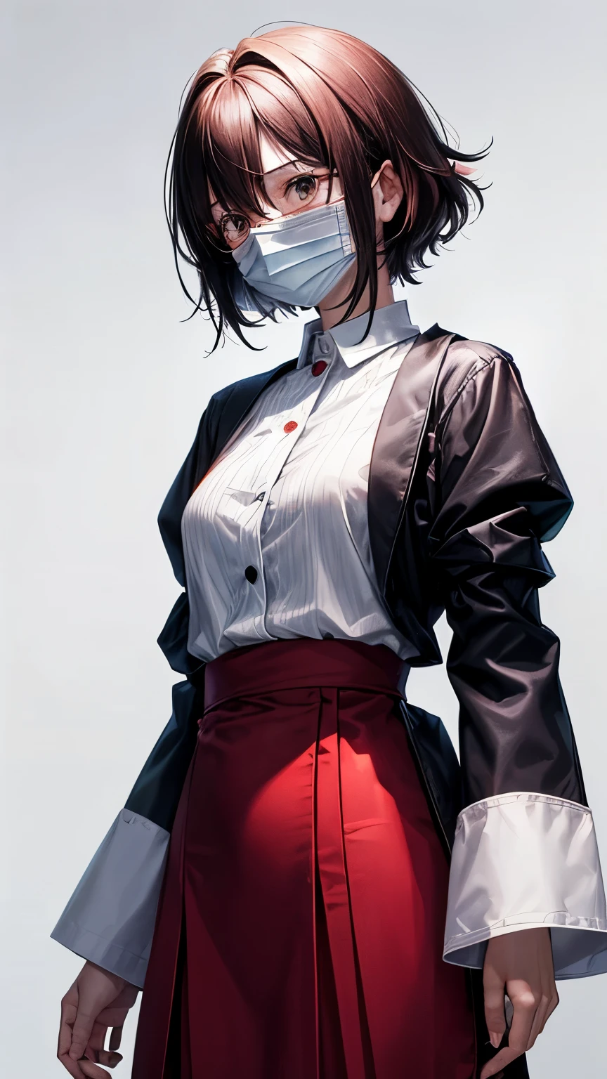 A 28 years old Japanese lady ((very small breast, slender, boyish )), very short hair (( pale red , shaggy and messy hair)), ((much shaggy forelock)), wear a oval shaped glasses, ((white mouth mask)), red sharp eyes, a black dress shirt(( long sleeves)), white chesterfield coat , indigo straight pants , from below, full body, ((face focus)), put her hands on her breast , bad mood 