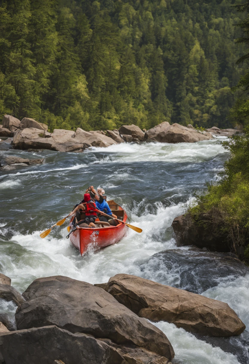 Canoe, big river, rapids, splashing water, rock face, high quality