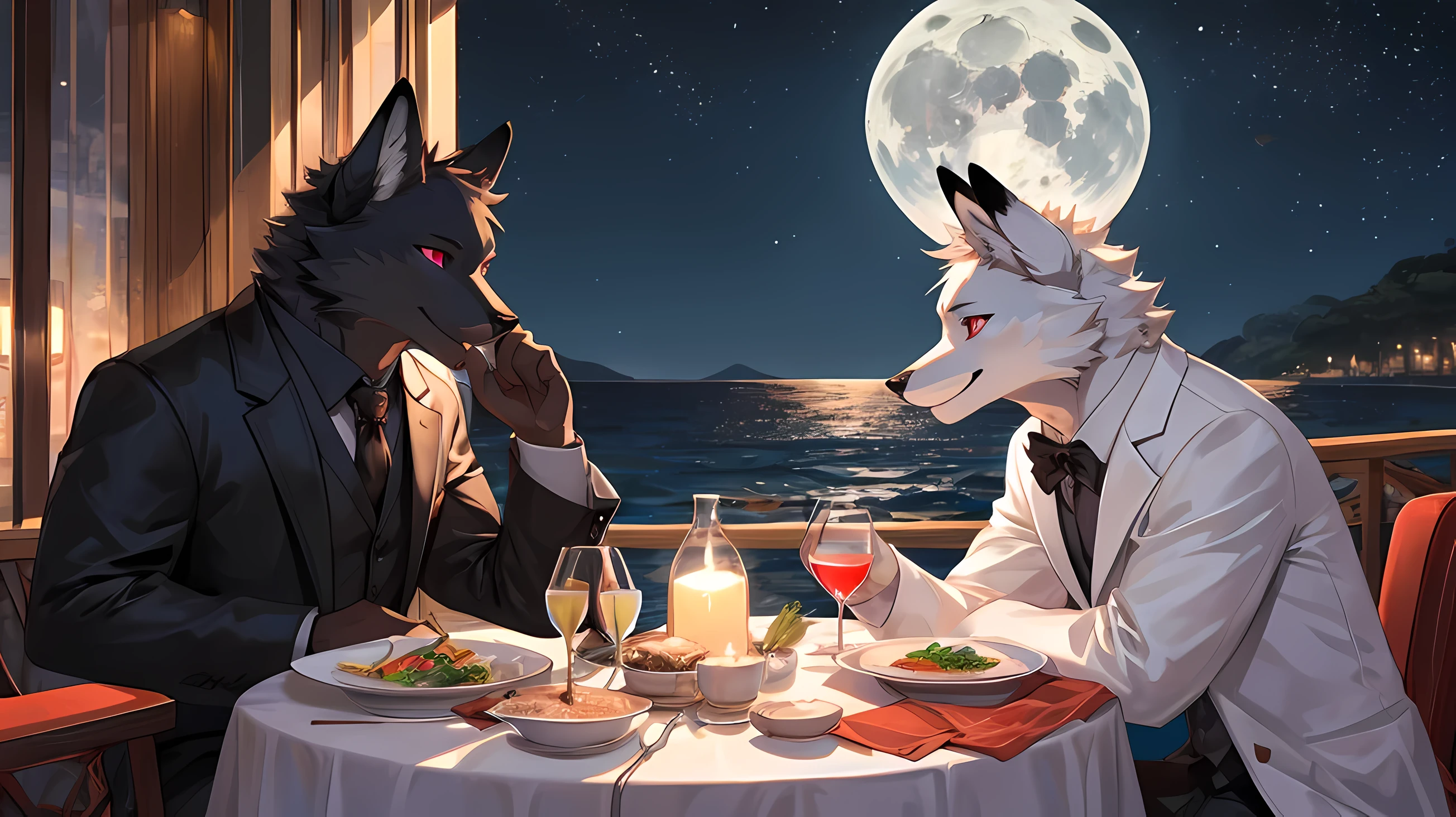 furry,(Two male jellyfish eating dinner by the sea.)The first fox,completely black fur,neon red eyes(Realistic eye detail),Wear a white suit to look neat..,A fox with white fur all over its body..,neon pink eyes(Realistic eye detail),Wearing a completely black suit,Both smile and eat happily.,Send each other eyes of love.,The moonlight at night is very beautiful..