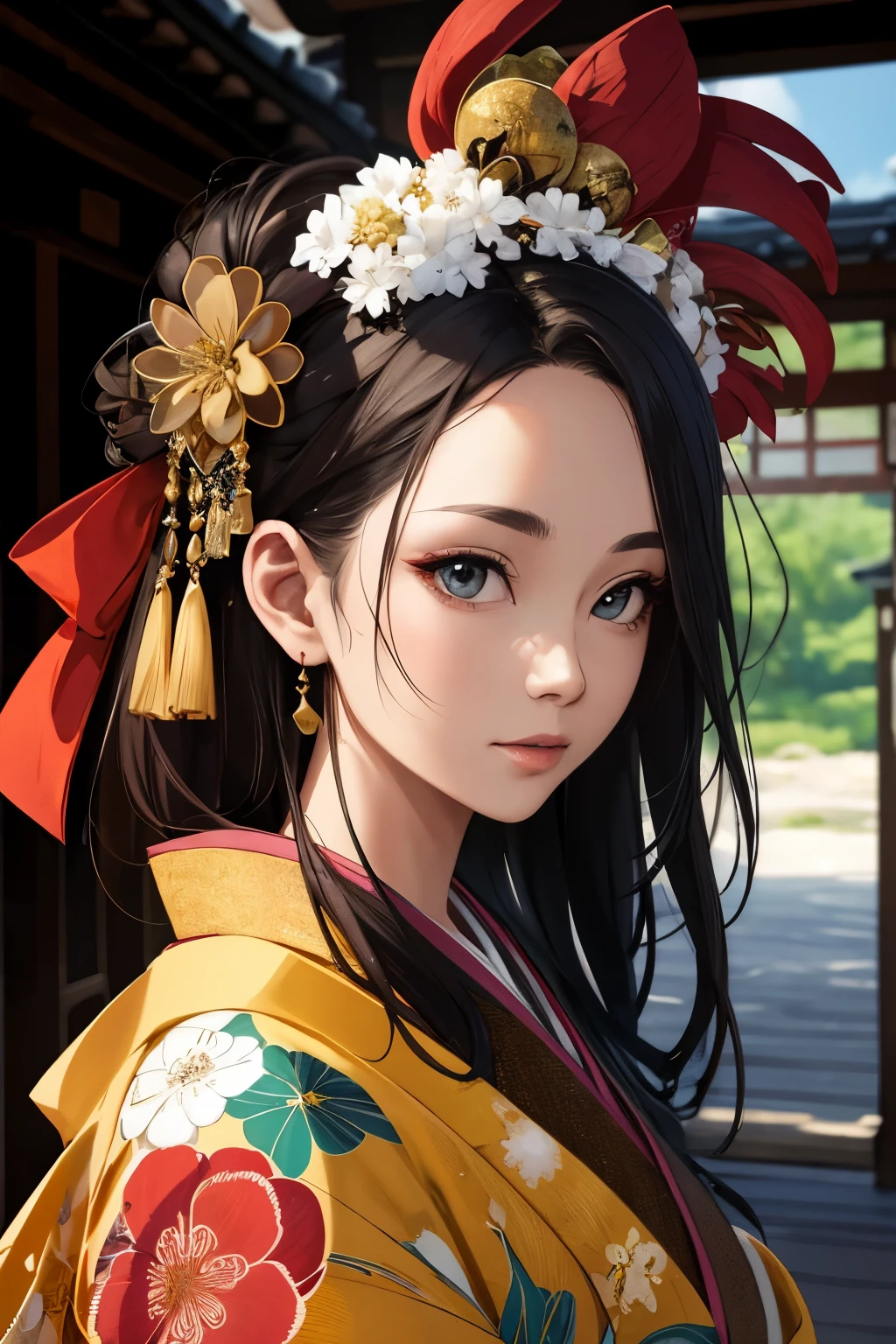 ((highest quality)), ((masterpiece)), (be familiar with), perfect face,,Beauty,fantasy,Japan,古都の背景の中にいるBeauty,kimono,Front right

