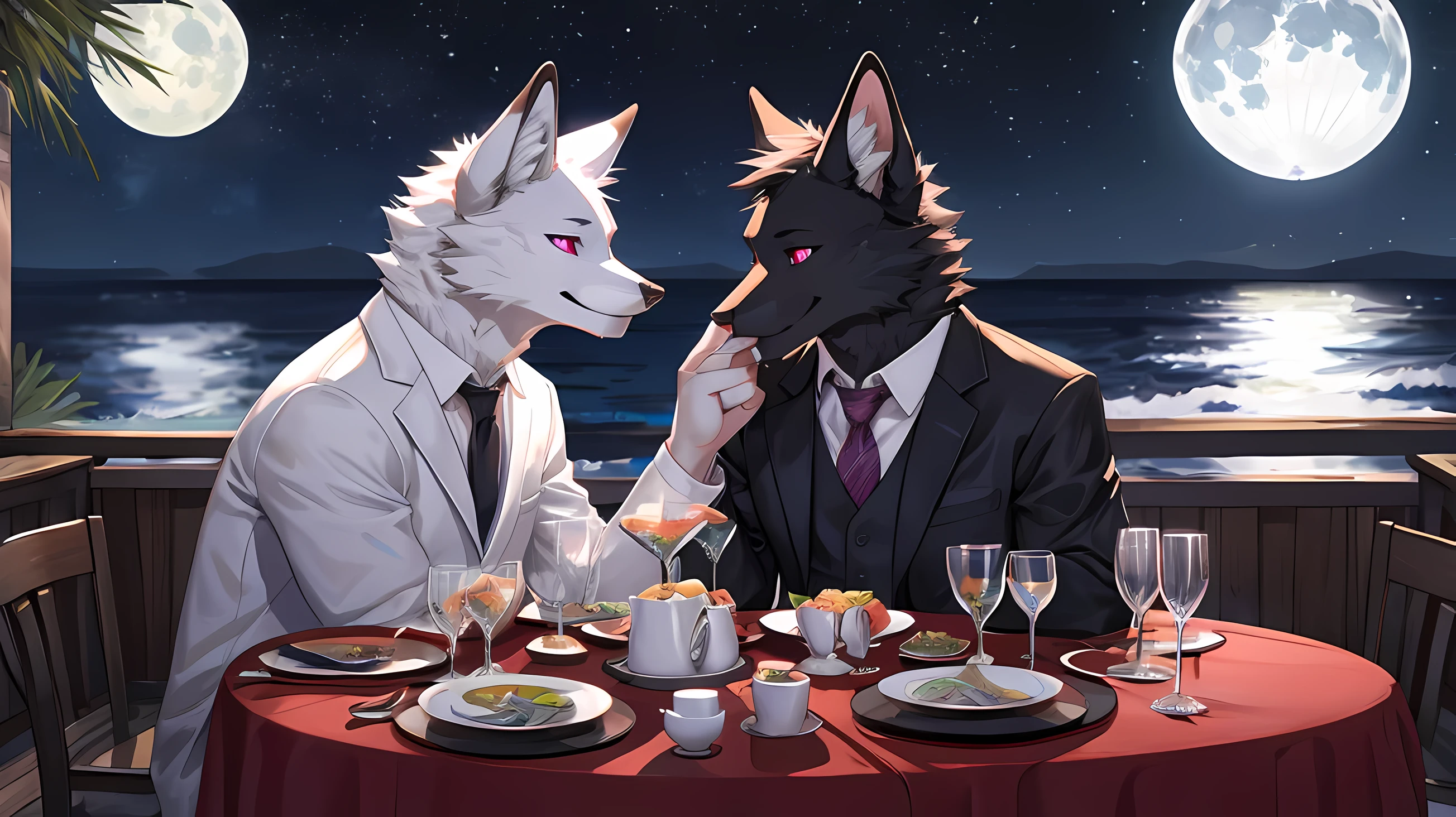 furry,(Two male jellyfish eating dinner by the sea.)The first fox,completely black fur,neon red eyes(Realistic eye detail),Wear a white suit to look neat..,A fox with white fur all over its body..,neon pink eyes(Realistic eye detail),Wearing a completely black suit,Both smile and eat happily.,Send each other eyes of love.,The moonlight at night is very beautiful..,perfect anatomy,Realistic anatomy