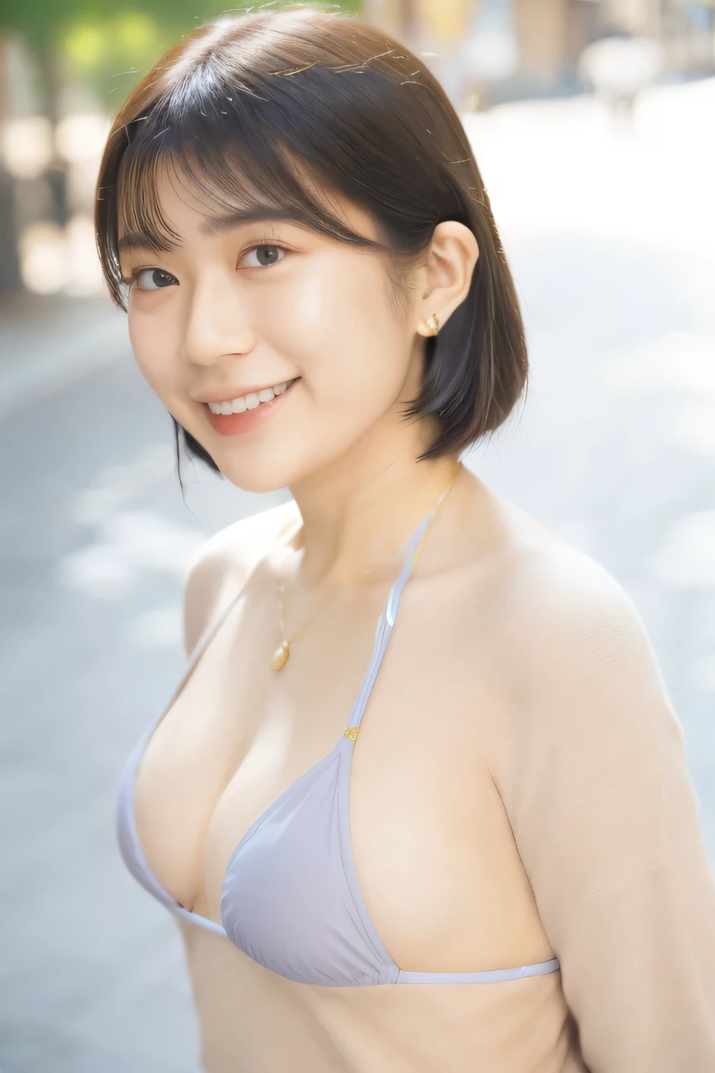 ((highest quality、8K resolution、master masterpiece、portrait:1.3)), Photoreal, 35mm film, 1 Japanese female,Beautiful woman, On the street in the daytime, wrinkles around the eyes, plump body,smile,((micro bikini:1.3)) , (city street: 1.3), jumbled background,look at the audience