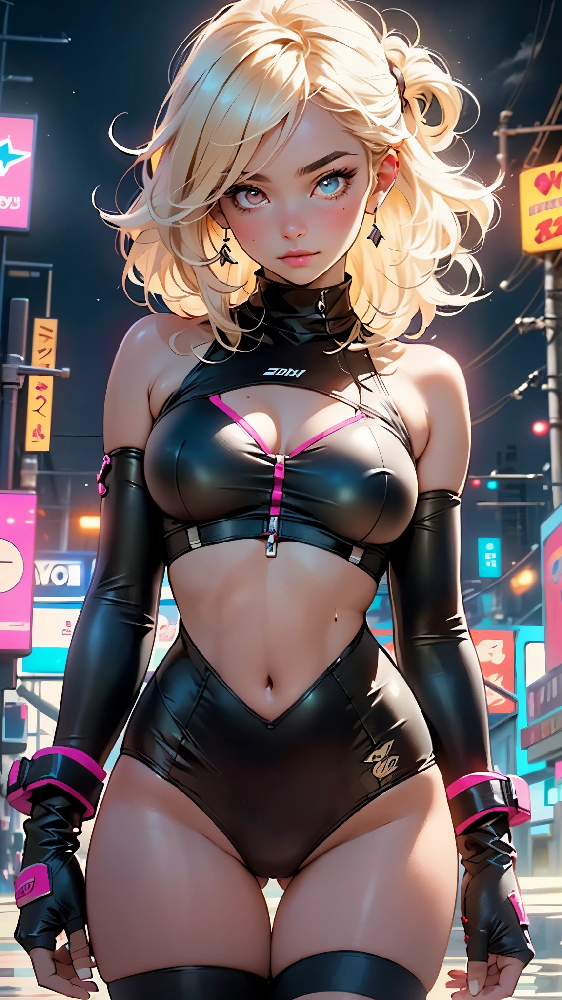 girl swimmer,((girl with extremely cute and beautiful blonde hair)),

(large breasts:1.4),saggy breasts,(((very light blonde hair:1.35,straight hair,long hair:1.4,colored inner hair,ear breathing))),((heterochromia:1.5, (pink_eye and yellow_eye))),intricate eyes,beautiful detailed eyes,symmetrical eyes,((fat)),(((lustrous skin:1.5,bright skin: 1.5,skin tanned,shiny skin,very shiny skin,shiny body,plastic glitter skin,exaggerated shiny skin,illuminated skin, wet legs))),(spider lower abdomen,narrow waist,wide hip,athletic body,inflated legs, thick thighs,detailed body,(detailed face)),

cute,slutty,seductive,erotic,((nsfw)),

zettai ryouiki,((two-piece swimsuit magenta,wearing a bikini outfit:1.3,sport bikini)),(rgb headphones:1.5,cyber gloves:1.5,huge mech-gloves),((wet clothes,intricate outfit,intricate clothes,intricate swimsuit, intricate bikini)),

cyberpunk city by the ocean at night, with bright neon signs and dark stormy clouds and puddles, scenery:1.25,nighttime, starry night, cosmos,Very dark night that makes the neon lights stand out, very bright neon lights,nighttime, starry night, cosmos,

artistic photography,(photography taken by sldr),highres, sharp focus,(ultra detailed, extremely detailed), (photorealistic artwork:1.37),(extremely detailed CG unity 8k wallpaper),((synthwave background theme)),(((vibrant colors))),intricate,(intricate background),(masterpiece),(best quality),perfect rendered face,perfect face details,realistic face,photo realistic,analog style,((intricate detail)),(((realism))),
