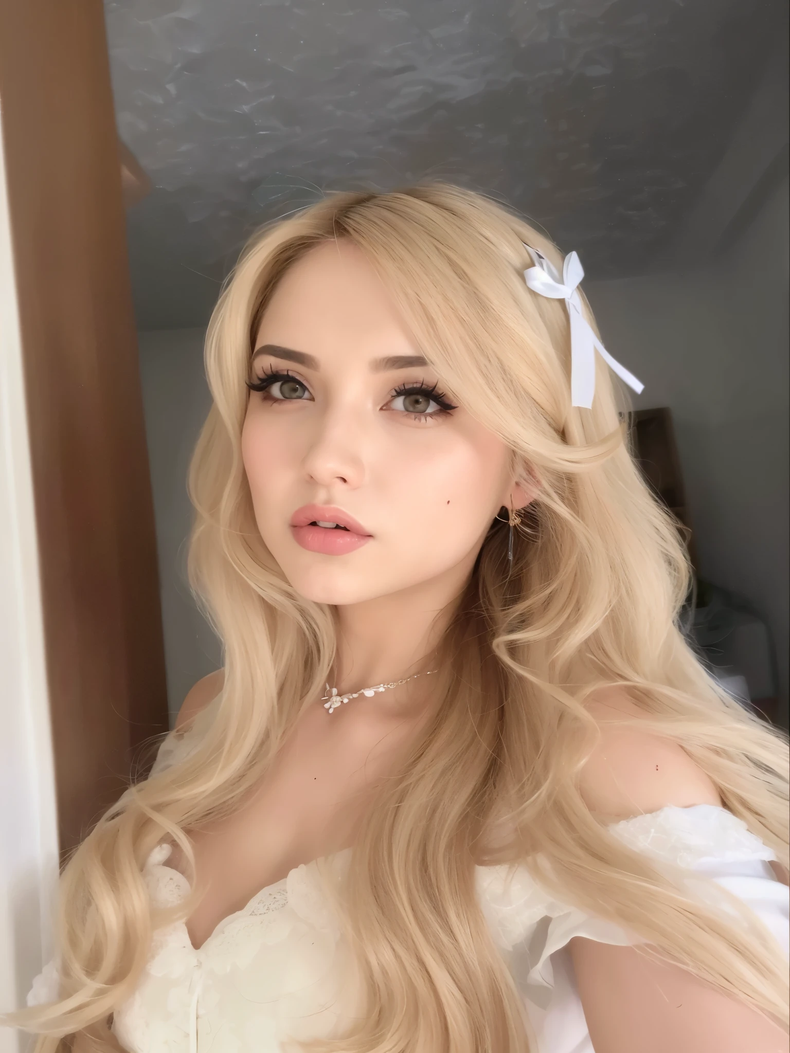 um close up de uma mulher com longos cabelos loiros usando um vestido branco, long cabelo loiro e olhos grandes, longos cabelos loiros e olhos grandes, cabelo loiro e olhos grandes, uma garota com cabelo loiro, pele clara cabelo loiro cacheado, deusa loira, ava max, com longos cabelos loiros, linda garota loira, uma loira linda, coquette, lacing