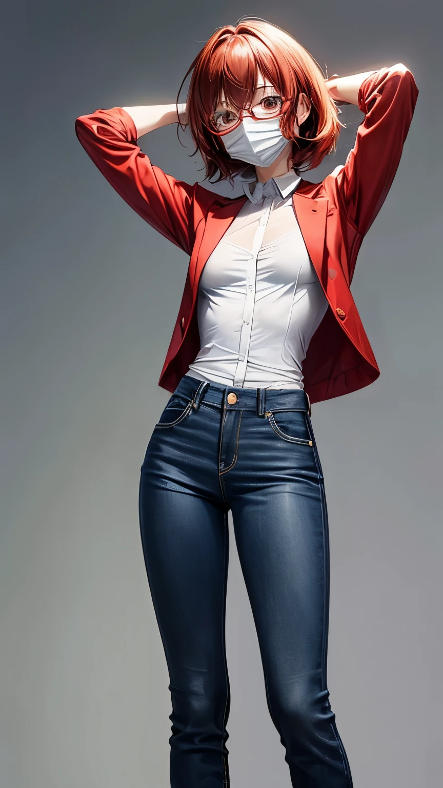 A 28 years old Japanese lady ((very small breast, slender)), very short hair (( light red, shaggy hair)), wear a oval shaped glasses, mouth mask, red sharp eyes, a black dress shirt, white coat, indigo straight jeans, from below, full body, face focus, arms up a bit