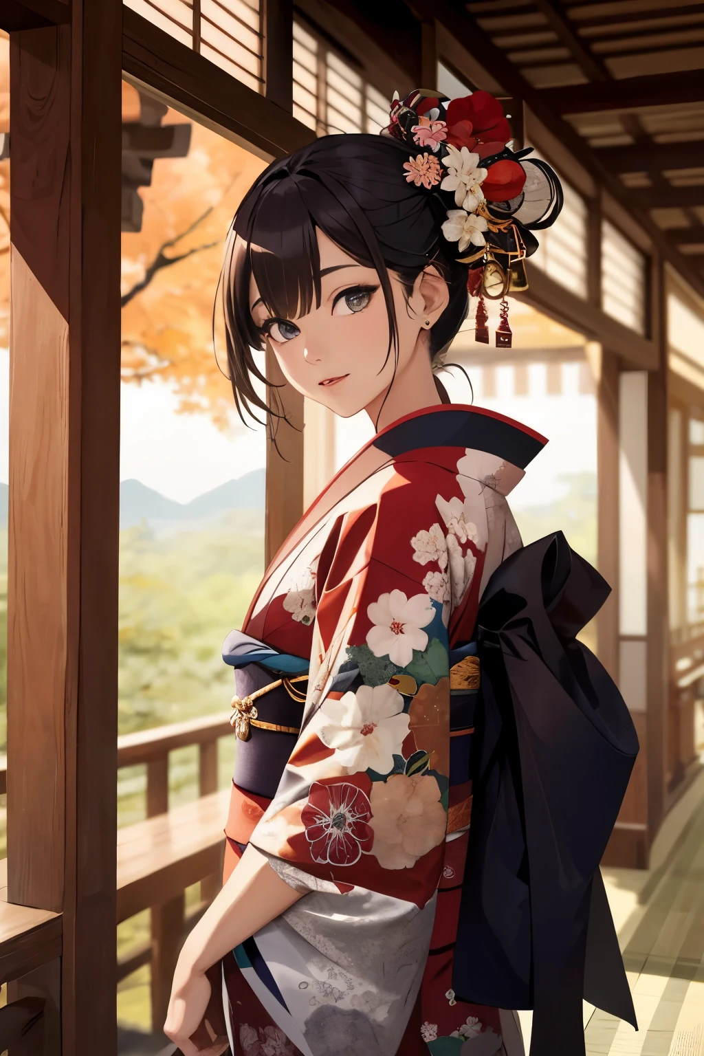 ((highest quality)), ((masterpiece)), (be familiar with), perfect face,,Beauty,fantasy,Japan,古都の背景の中にいるBeauty,kimono,Front right